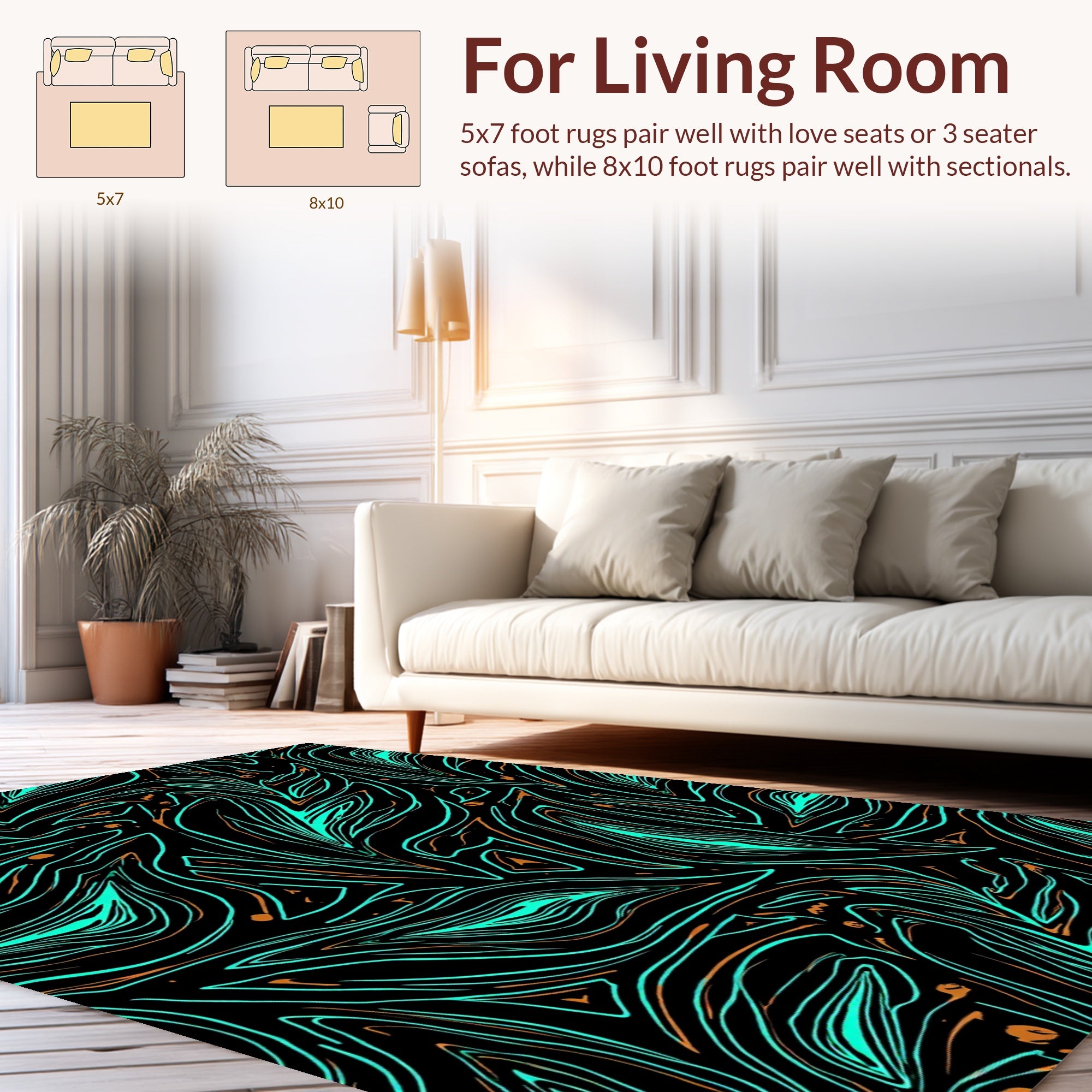 Abstract Wavy Teal Copper Strokes Rug