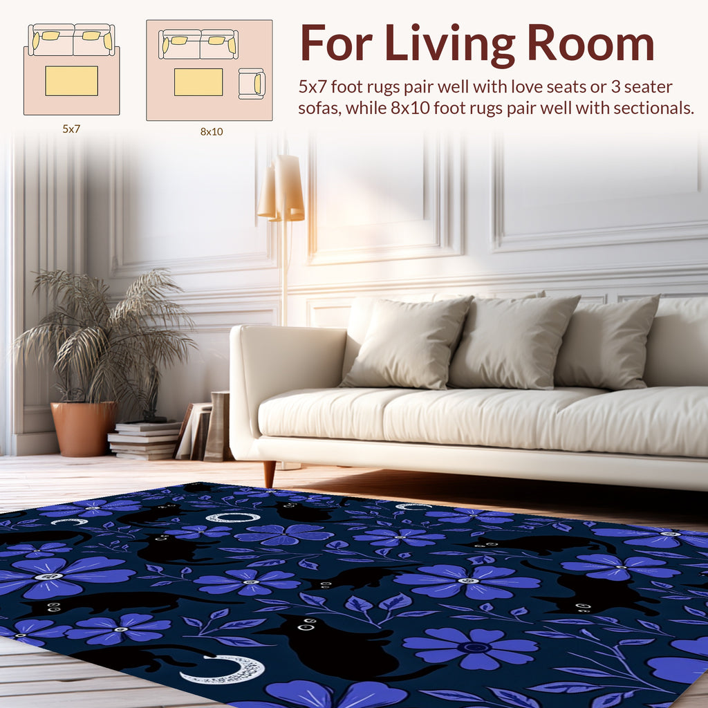 Whimsical Black Cat Floral Pattern Rug