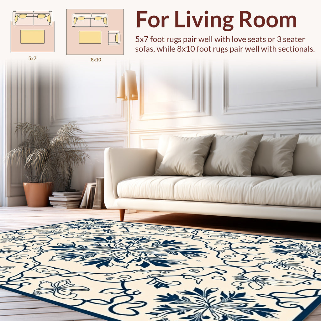 Dark Blue Floral Scroll Pattern Rug