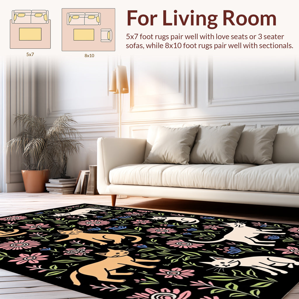 Cute Cats and Floral Blackground Design Rug