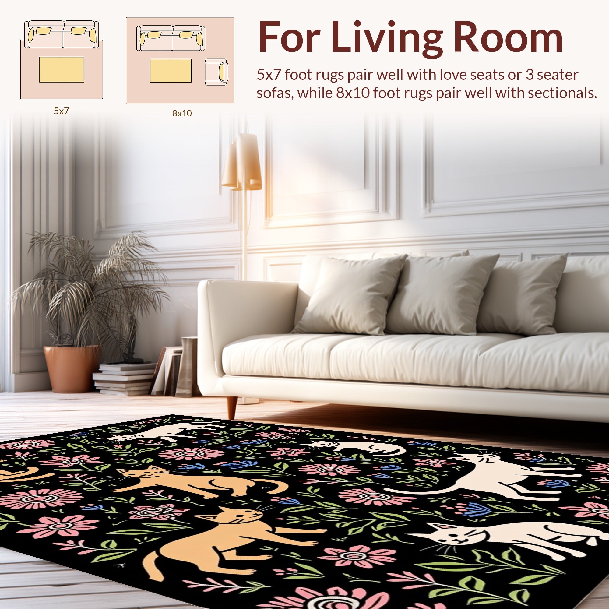 Cute Cats and Floral Blackground Design Rug
