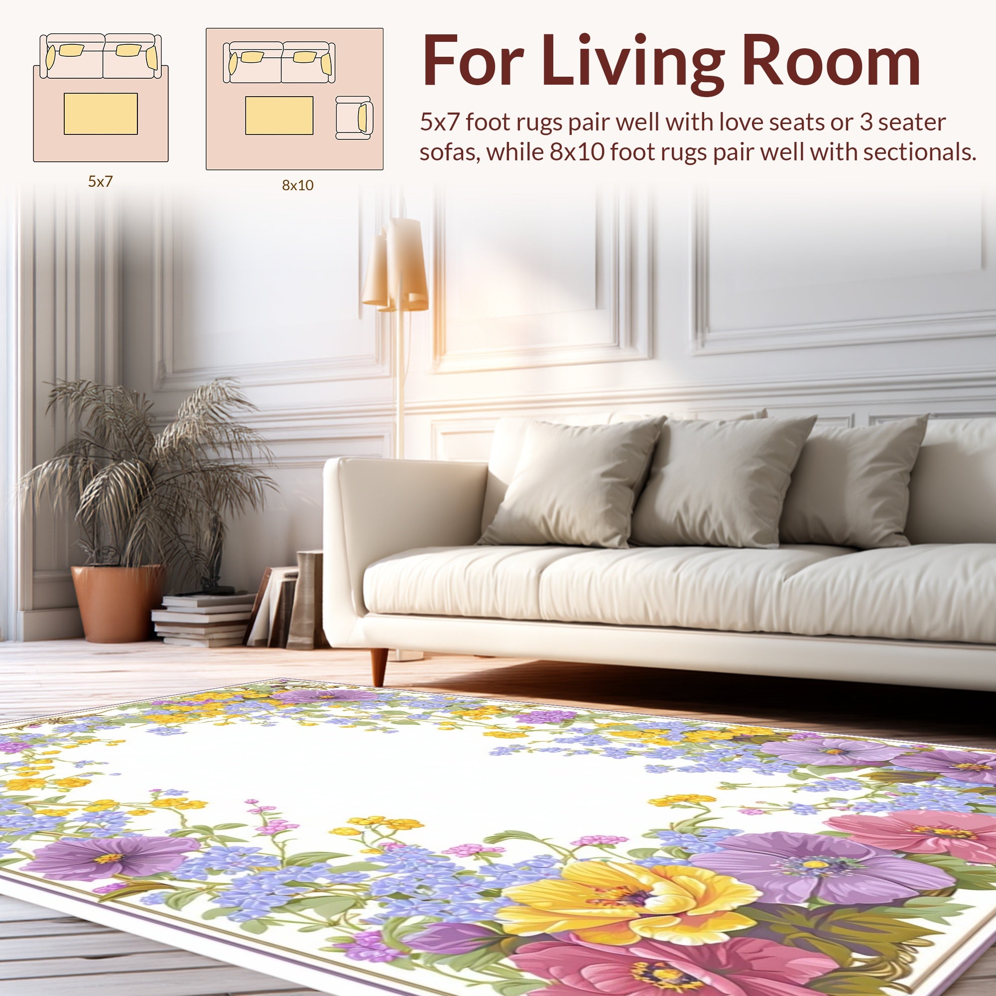 Whimsical Floral Frame with Lavender Gold Accents Rug