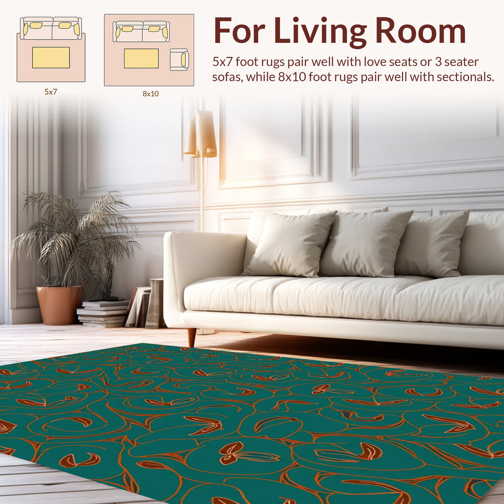 Teal Swirl Leaf Abstract Pattern Rug