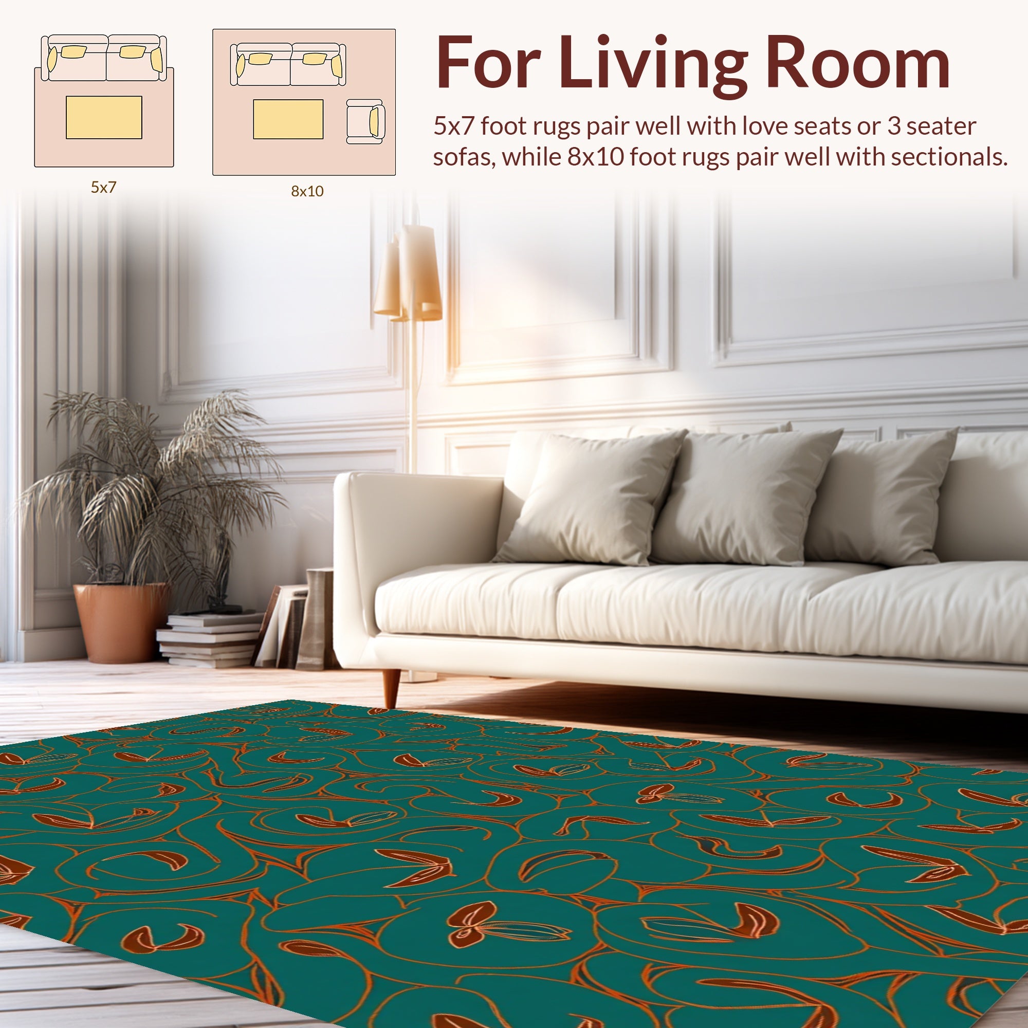 Teal Swirl Leaf Abstract Pattern Rug