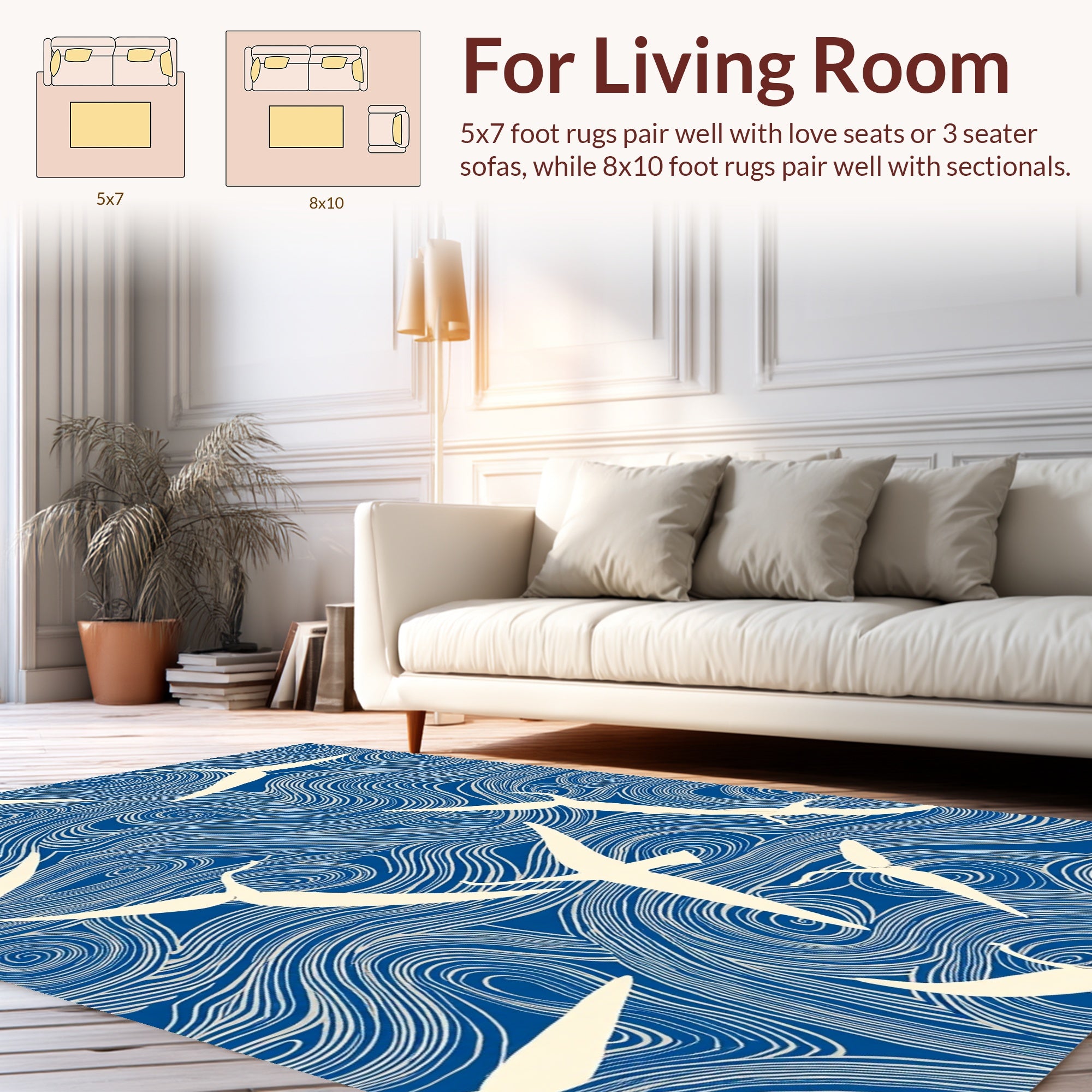 Blue Swirling Waves Birds Design Rug