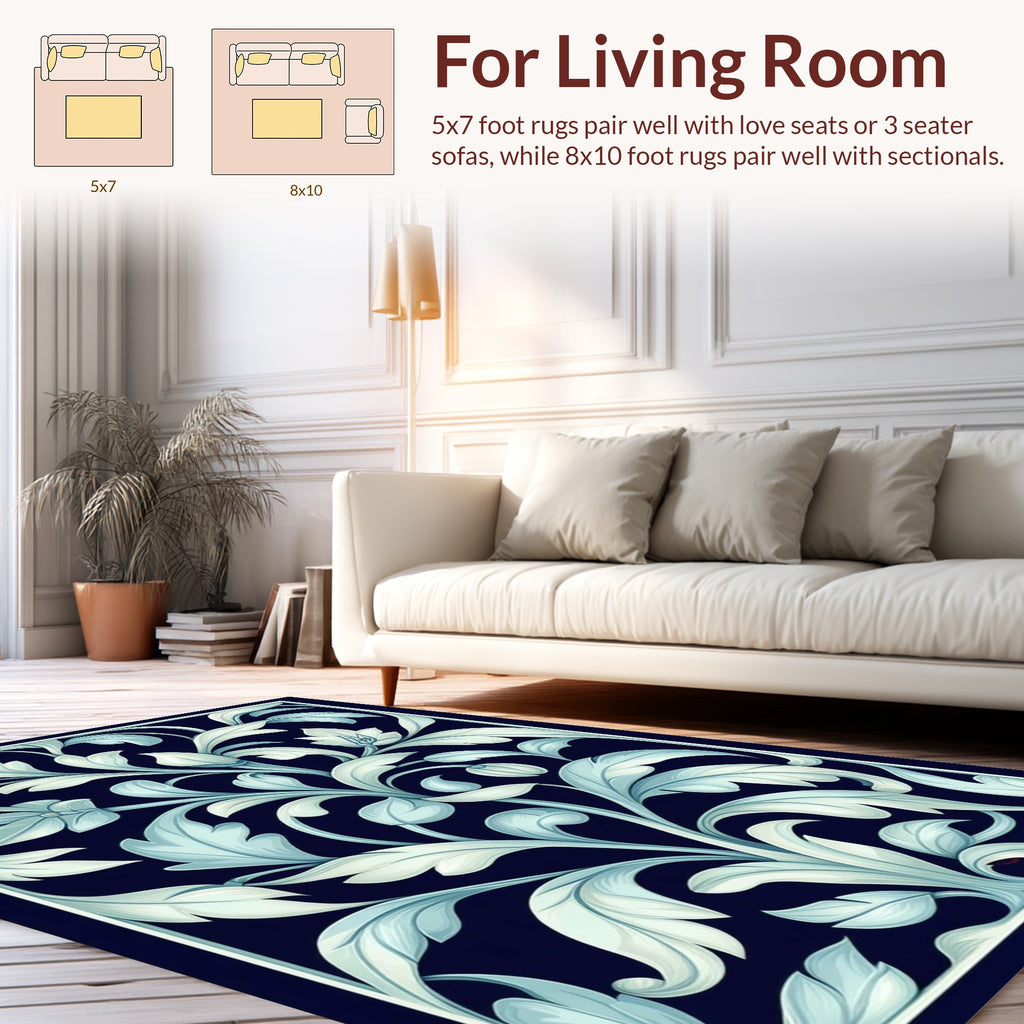 Elegant Blue Floral Scrolls Pattern Rug