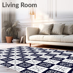 Navy White Checkerboard Floral Tile Rug