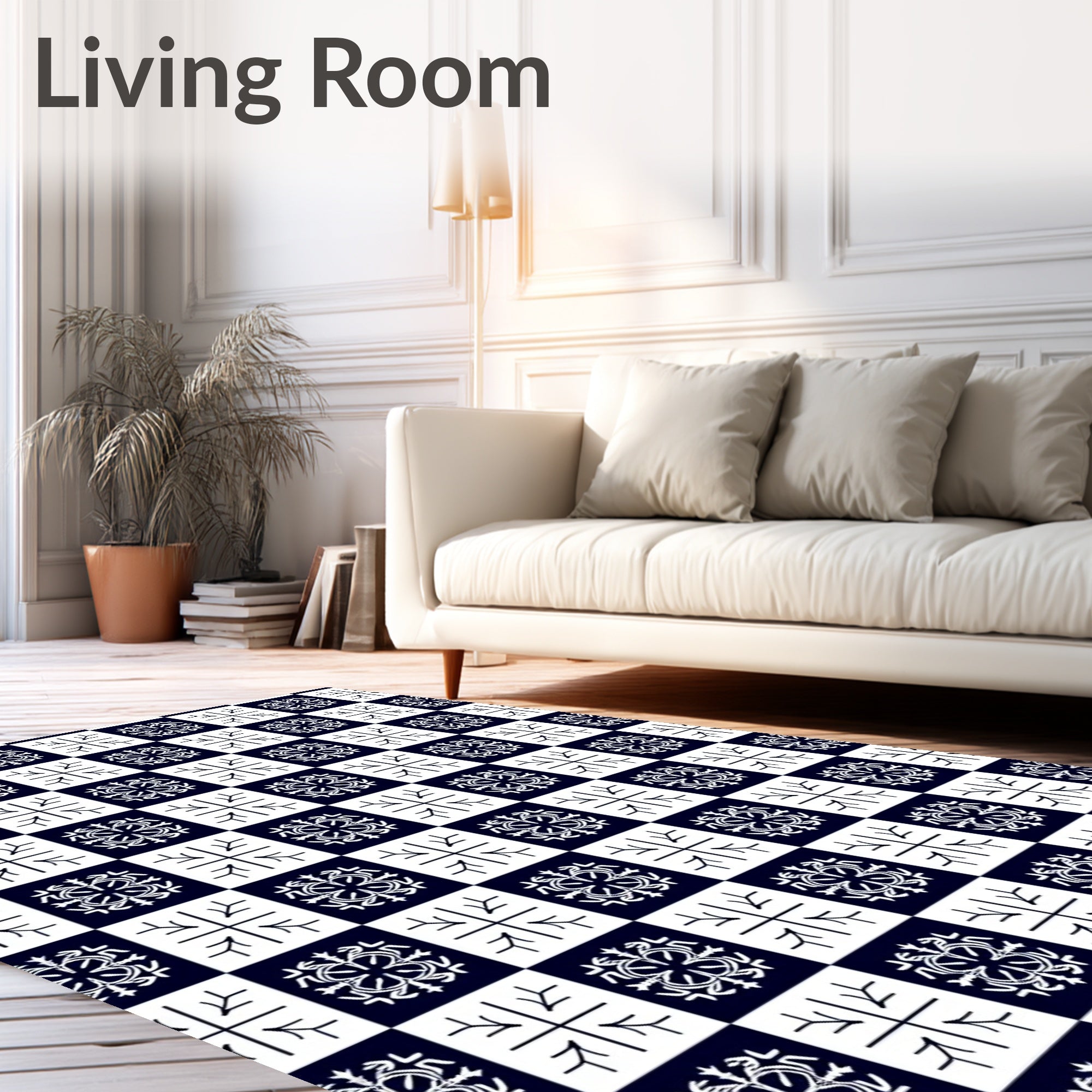 Navy White Checkerboard Floral Tile Rug