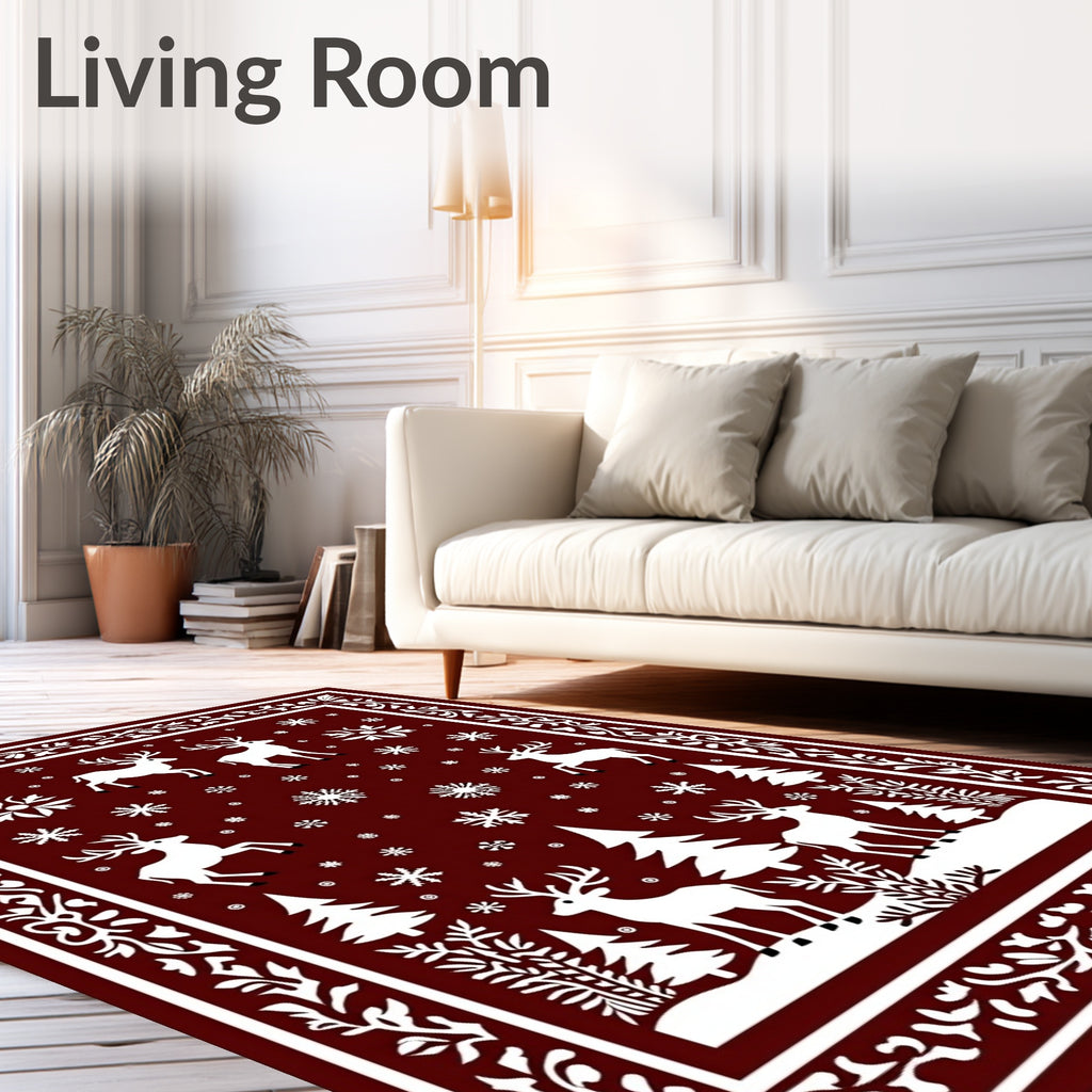 Christmas Deer Snowflake Forest Scene Rug