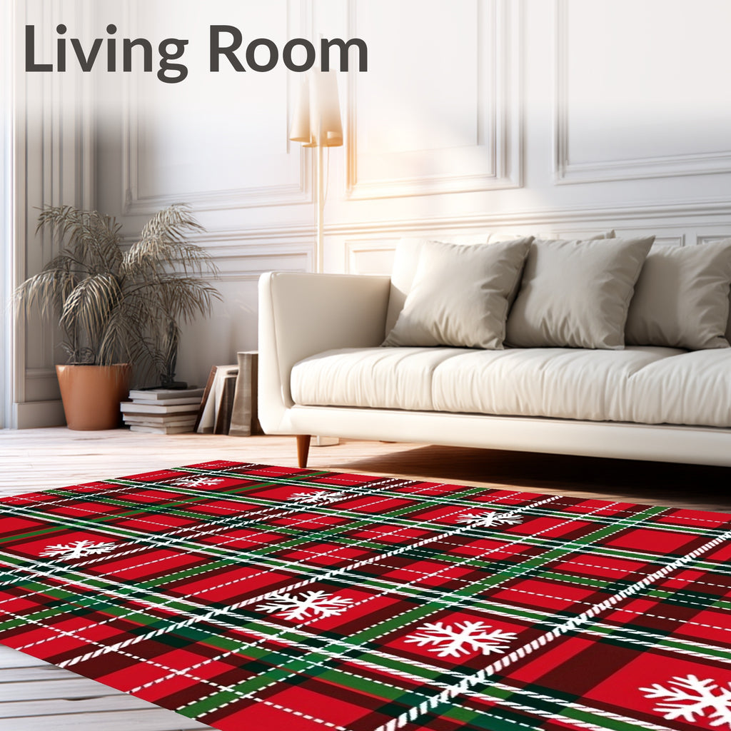 Classic Red Green Plaid Snowflakes Rug