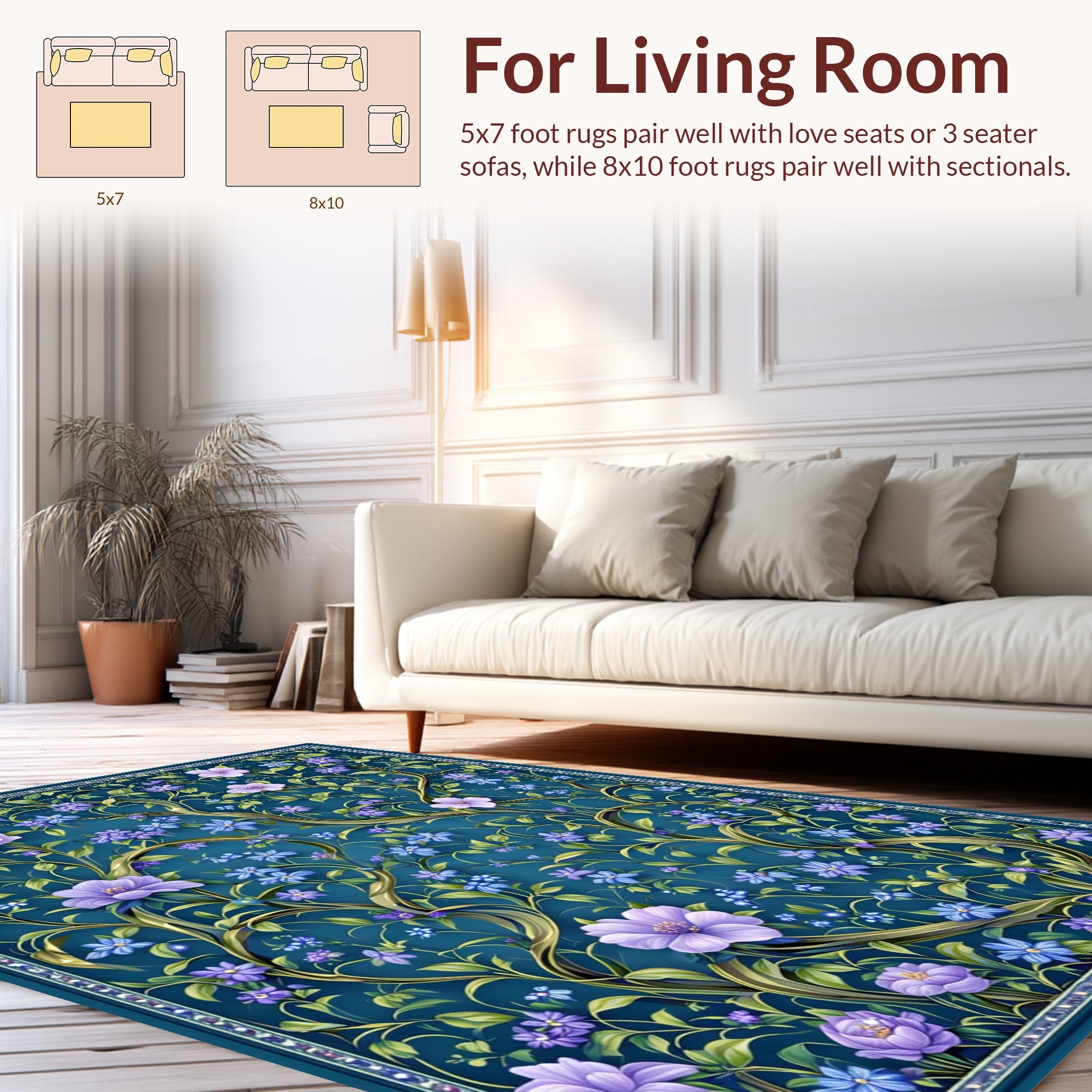 Blue Floral Vine Patterned Rug
