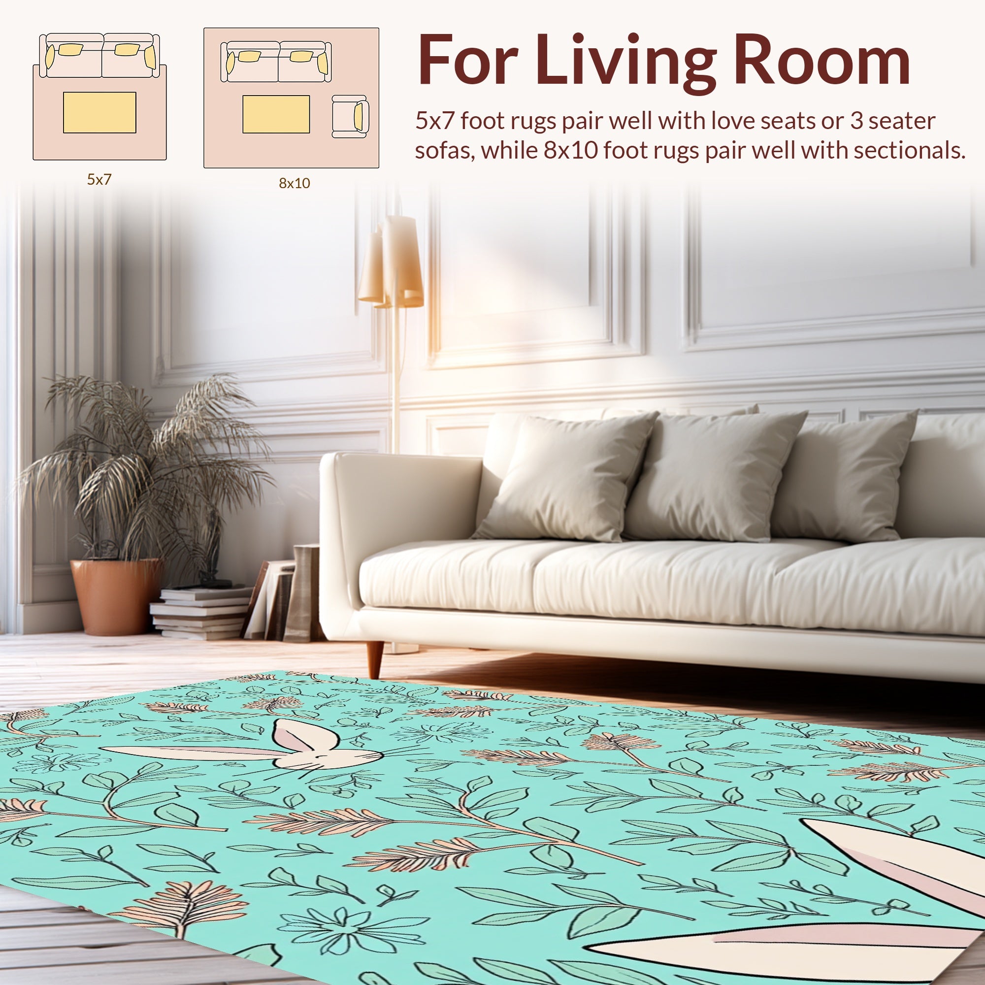 Cute Bunny Floral Whimsical Lawn Pattern Rug
