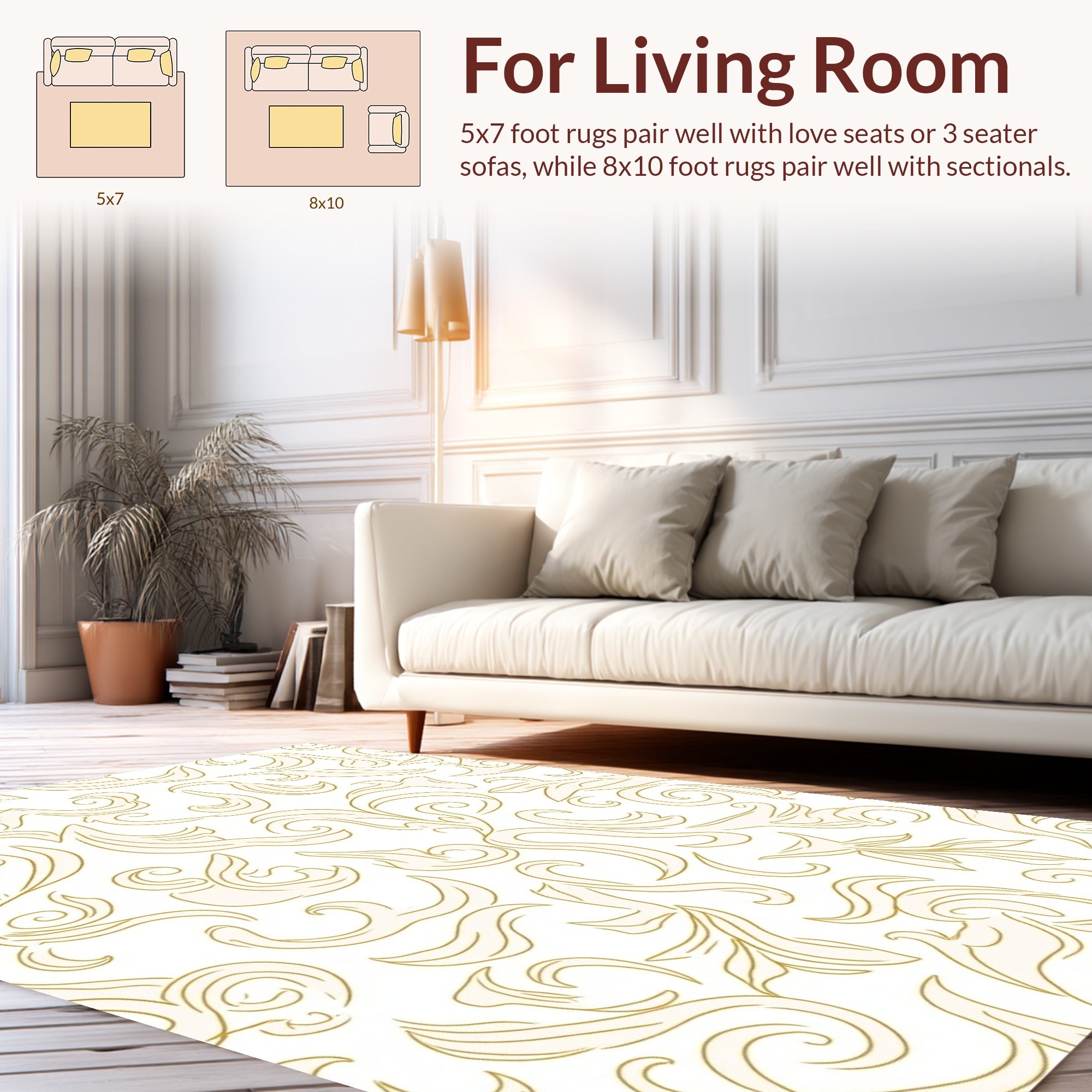 Elegant Gold Swirls Floral Pattern Rug