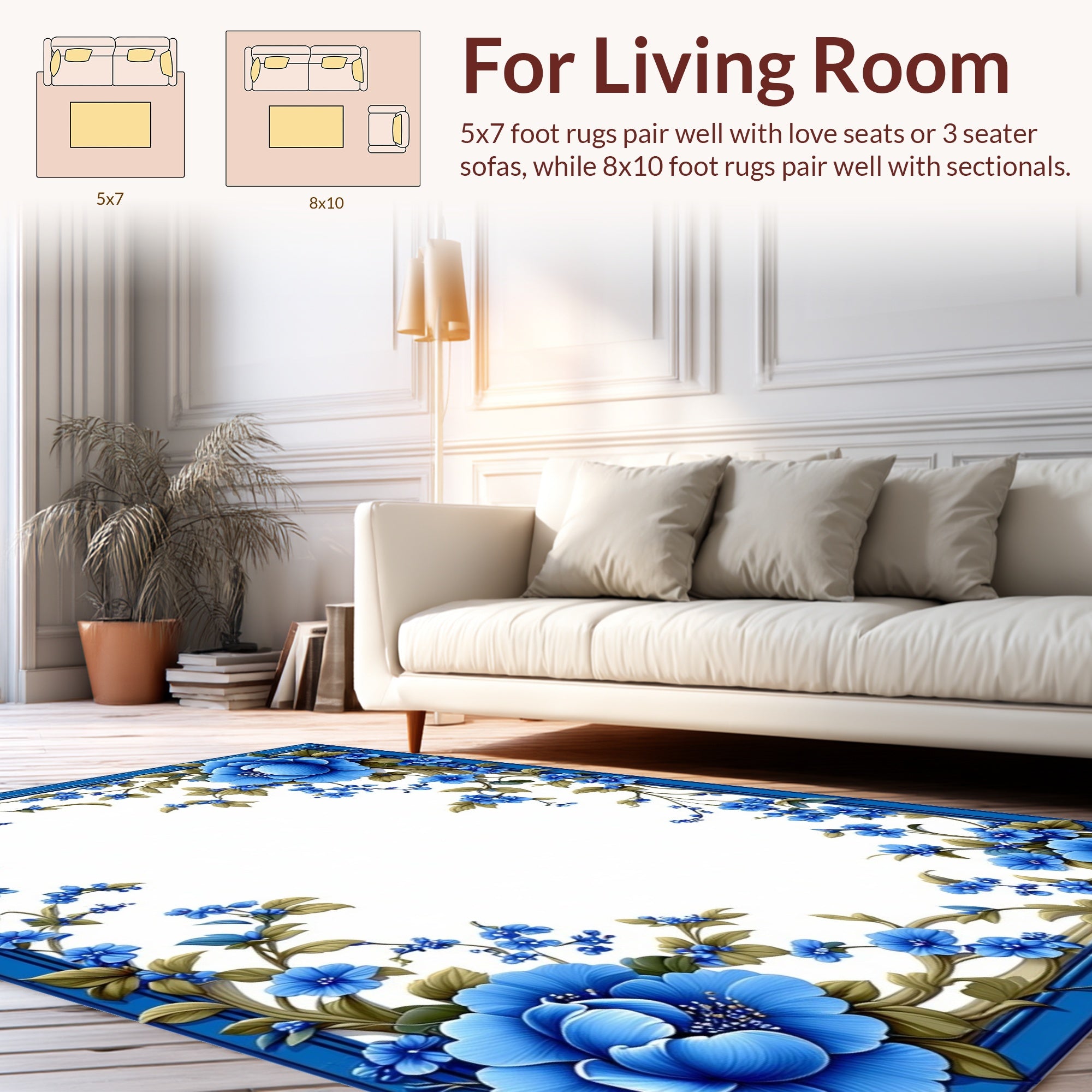 Delicate Blue Floral Vines Pattern Rug