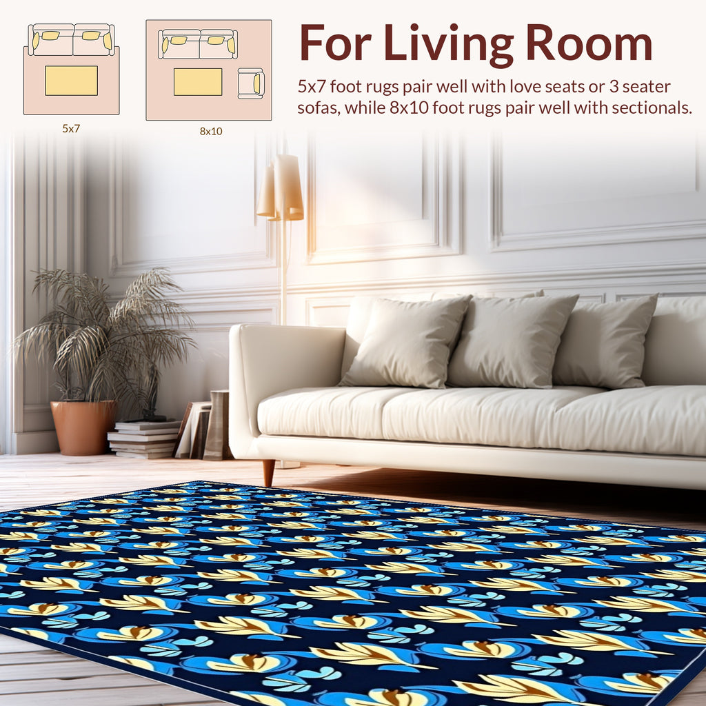 Abstract Blue Yellow Leaf Pattern Rug