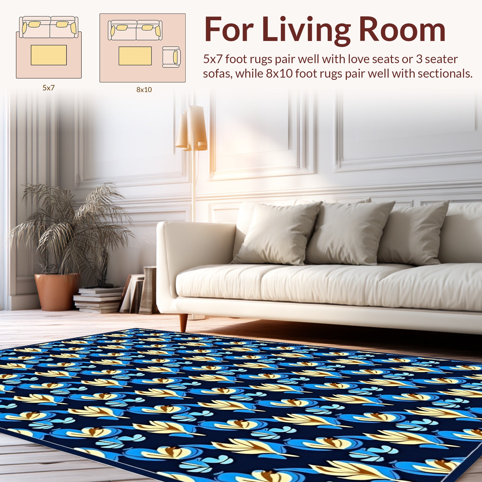 Abstract Blue Yellow Leaf Pattern Rug