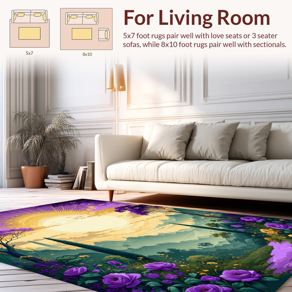 Dreamy Purple Floral Mountain Landscape Rug