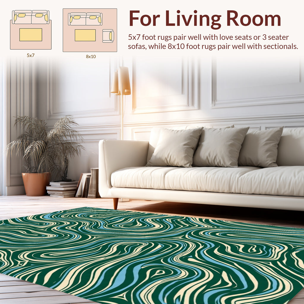 Swirling Lines Green Ivory Blue Pattern Rug