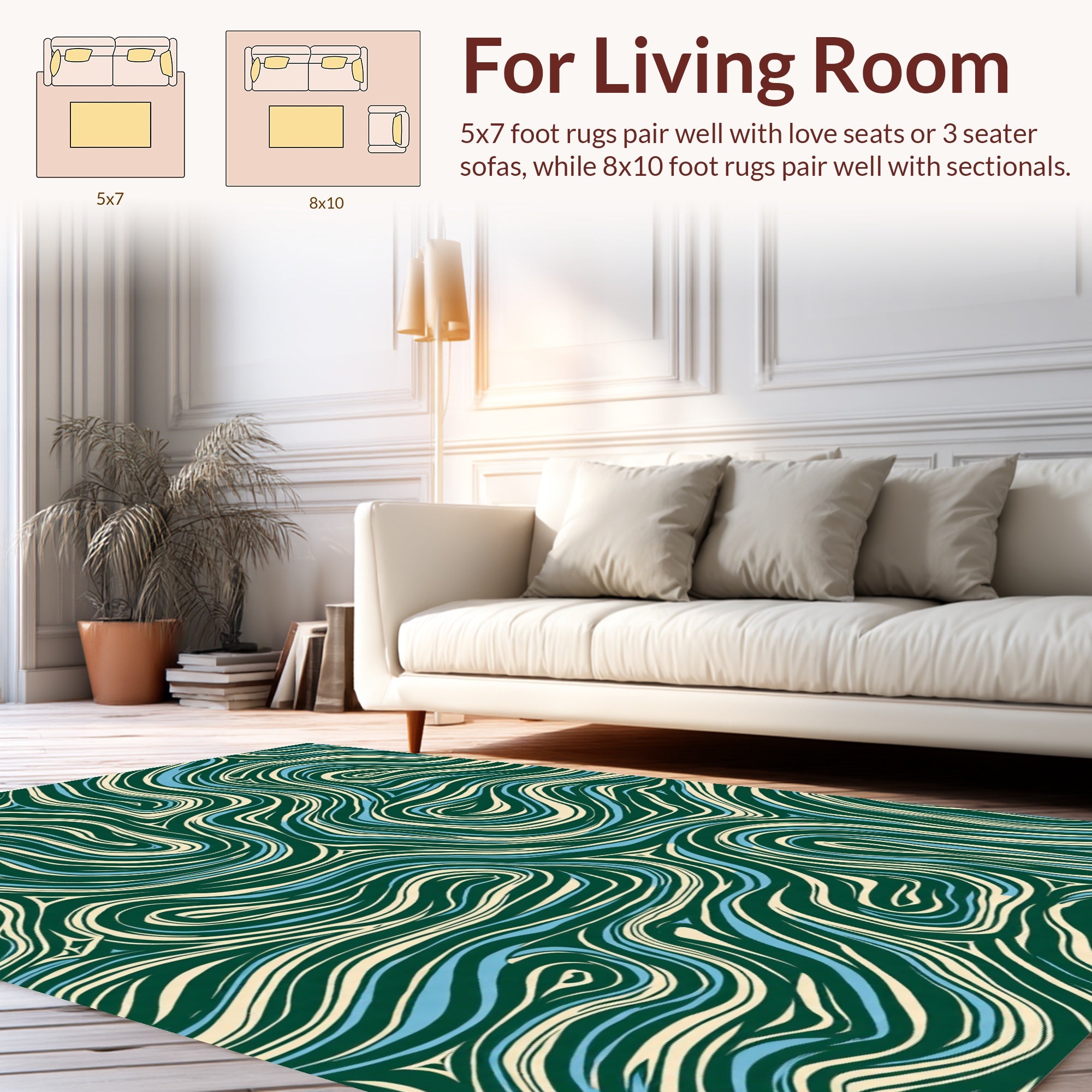 Swirling Lines Green Ivory Blue Pattern Rug