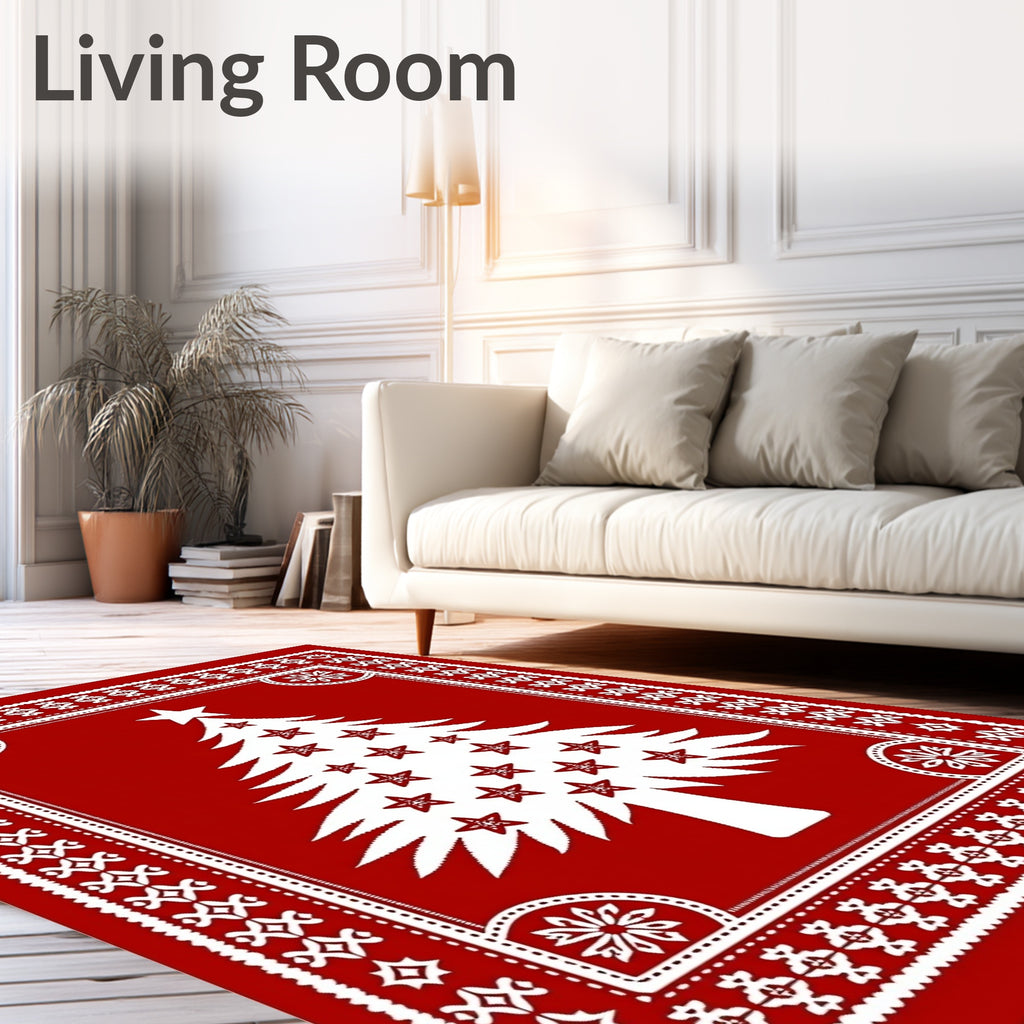Red White Holiday Tree Border Rug