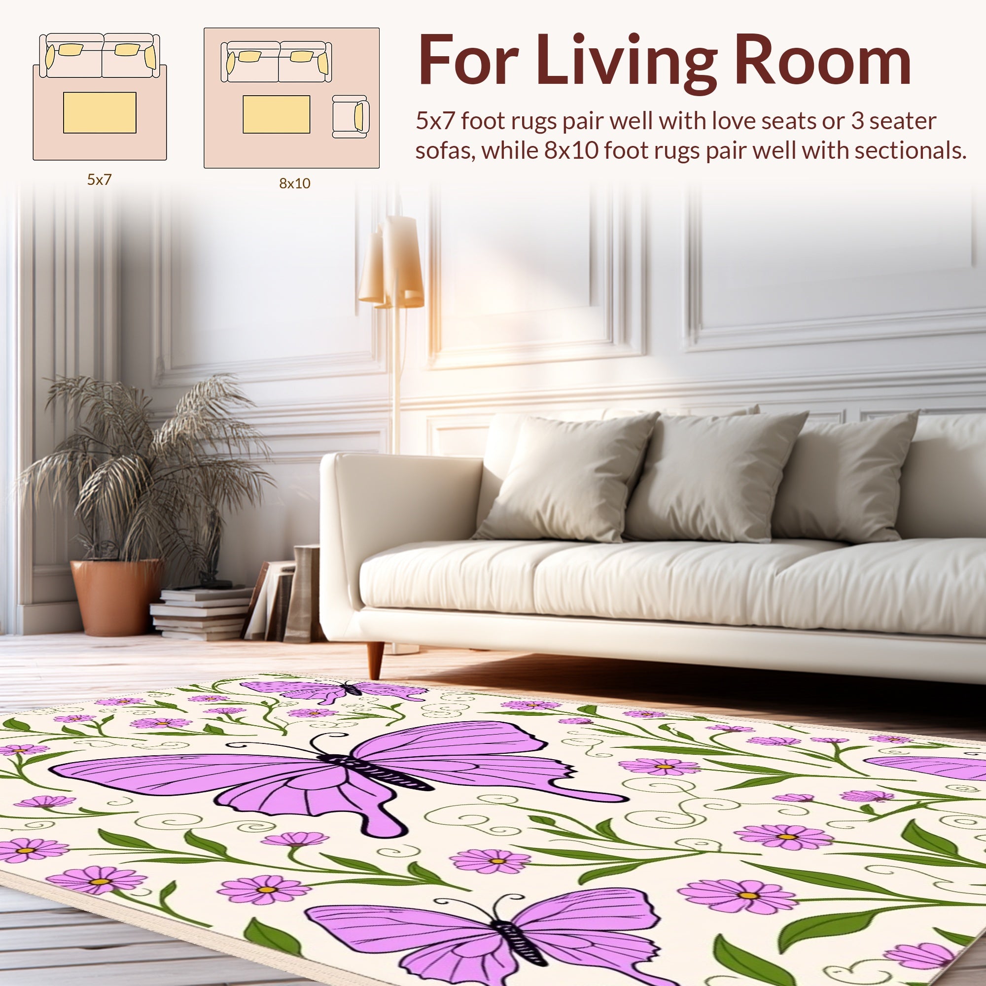 Purple Butterflies Floral Swirls Pattern Rug