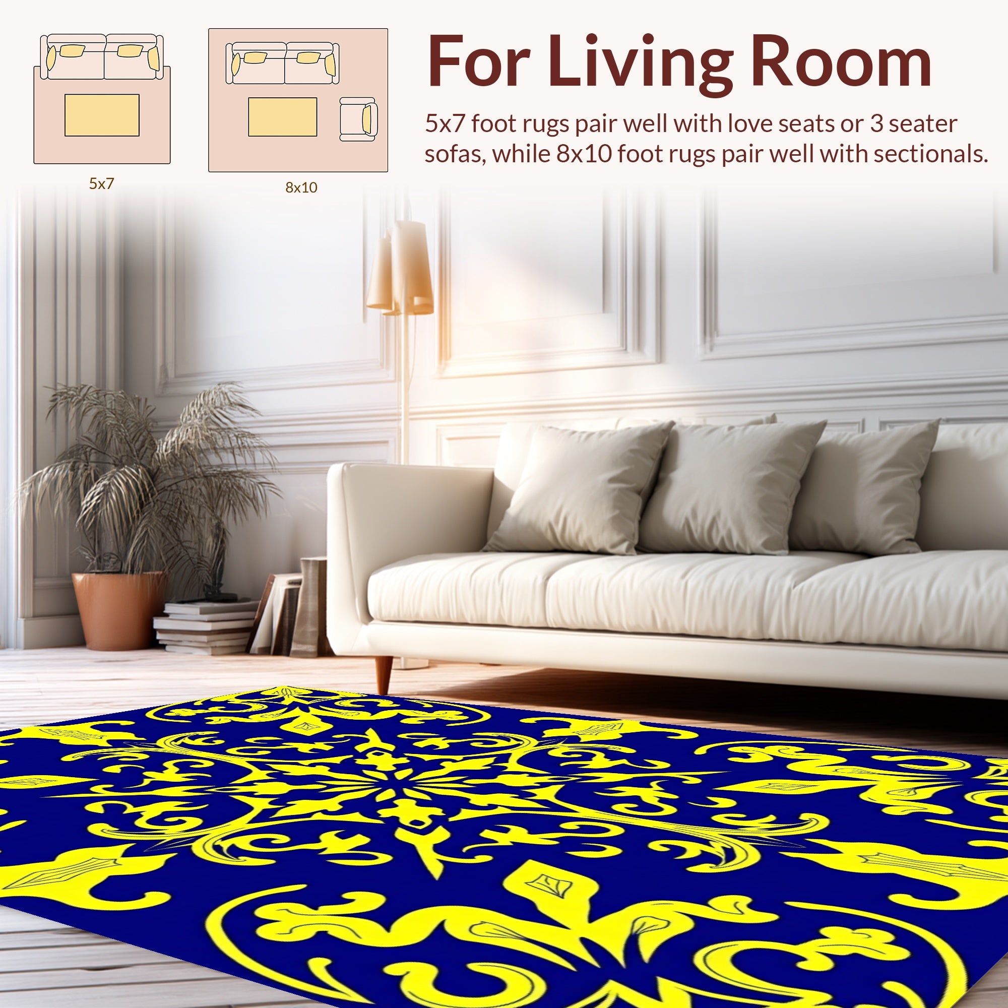 Bold Yellow Floral Blue Pattern Rug