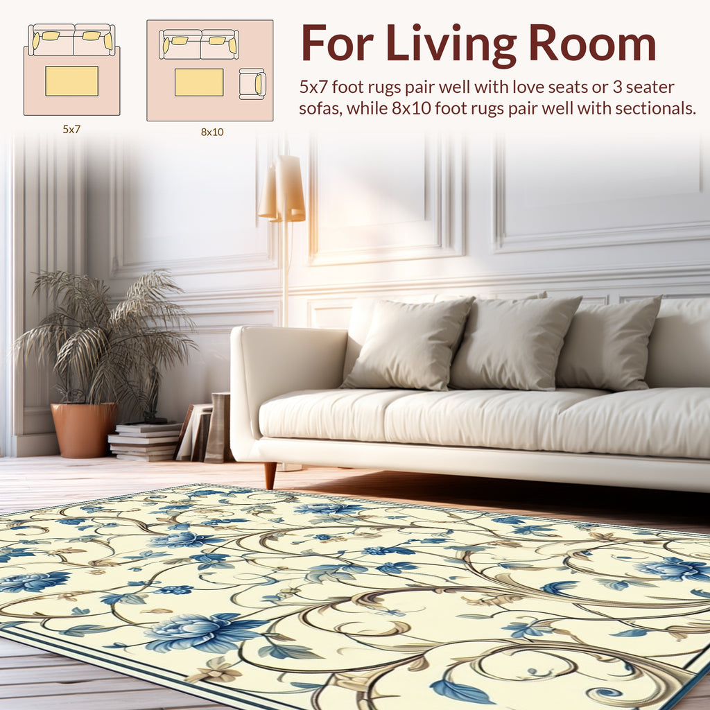 Classic Blue Floral Vine Pattern Rug