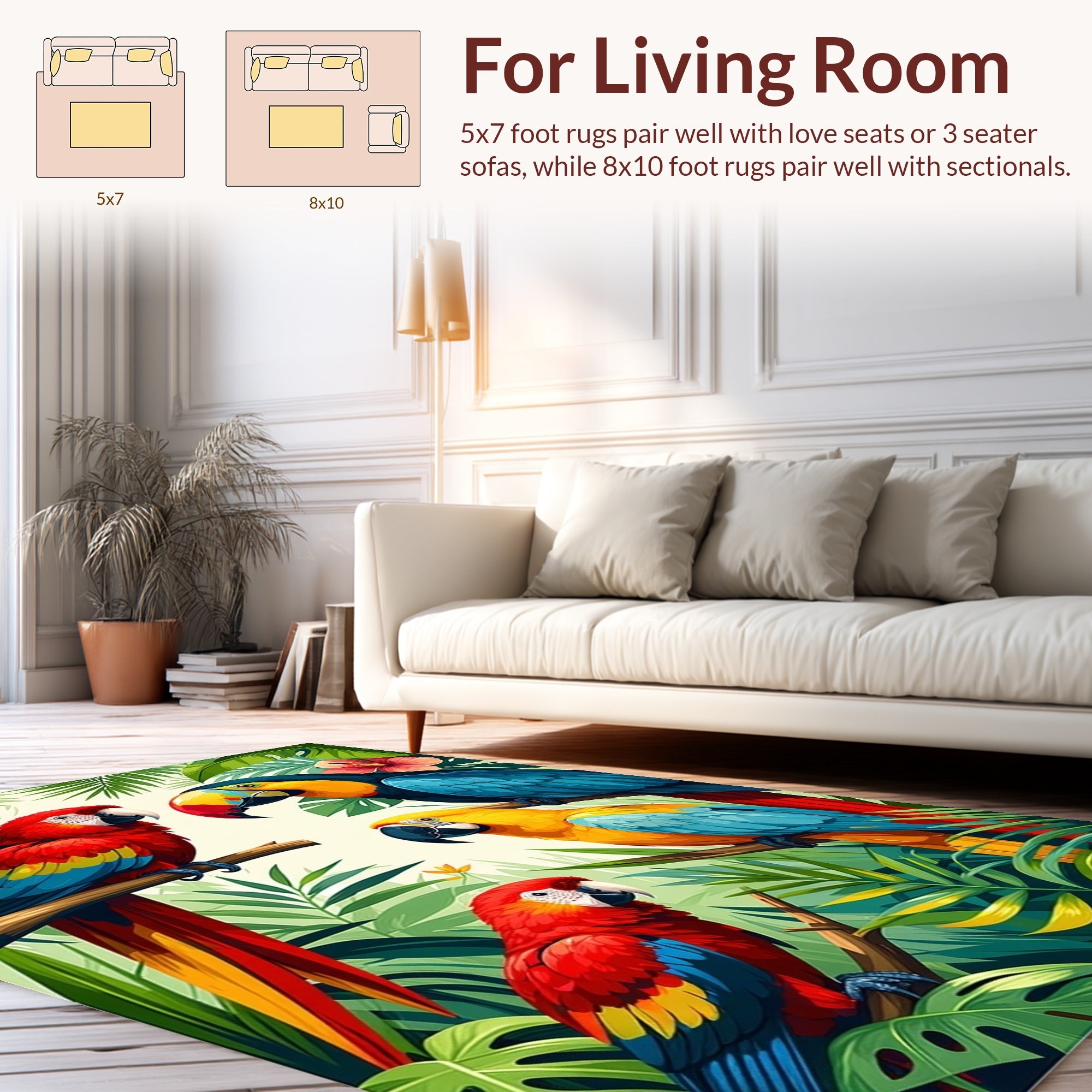Vibrant Tropical Birds Foliage Pattern Rug