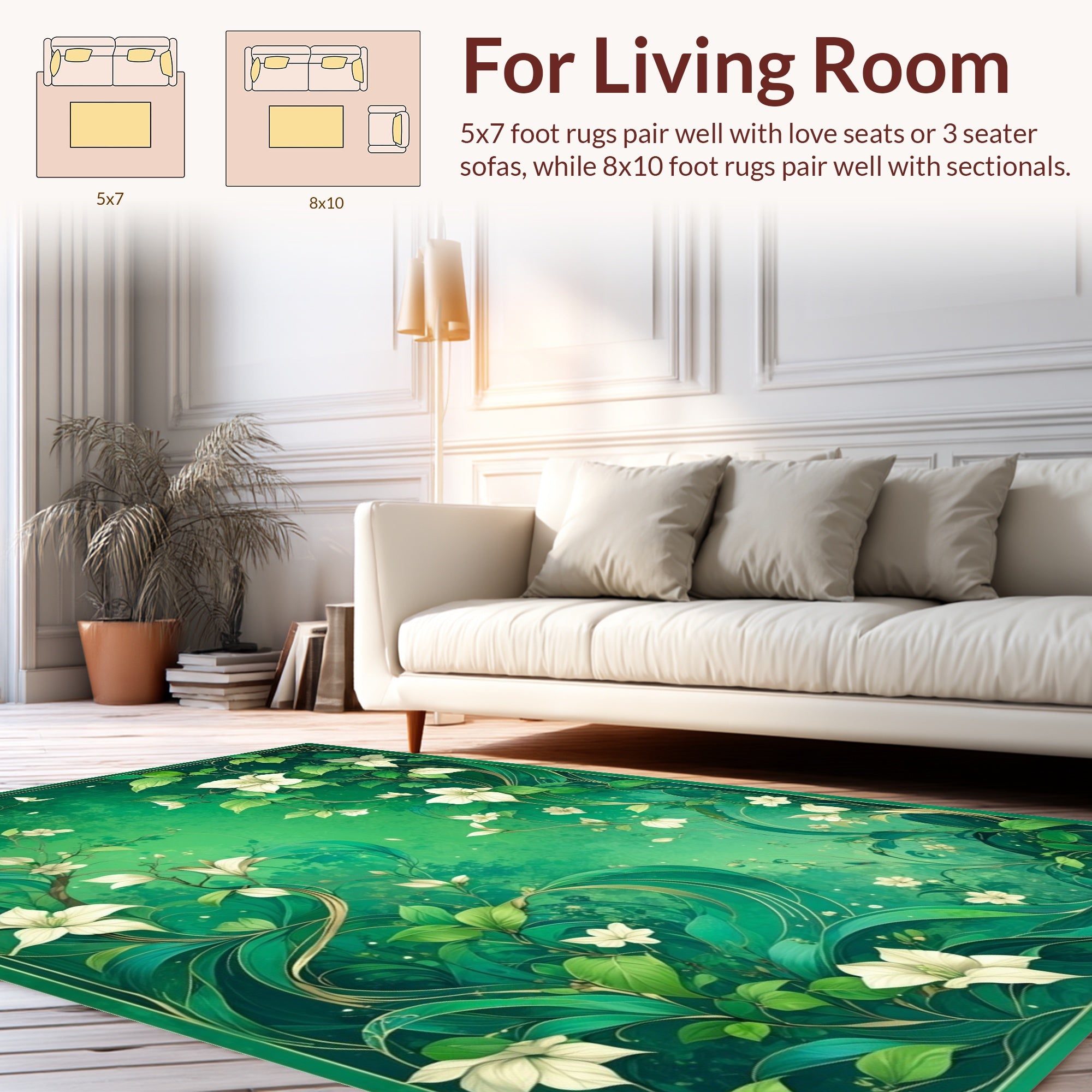 Emerald Green Floral Vines Art Rug