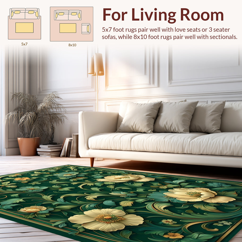 Rich Emerald Floral Scroll Design Rug