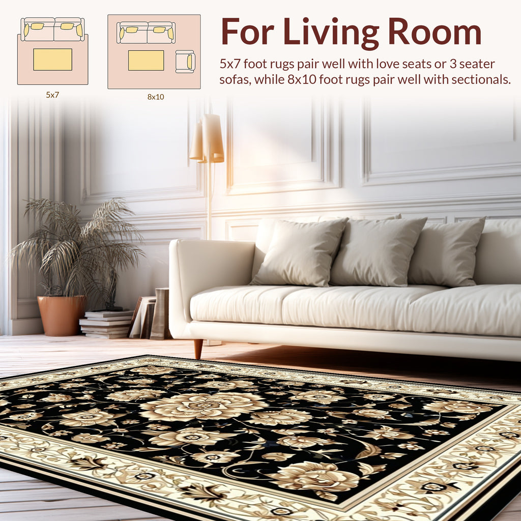 Classic Floral Motif Black Golden Rug