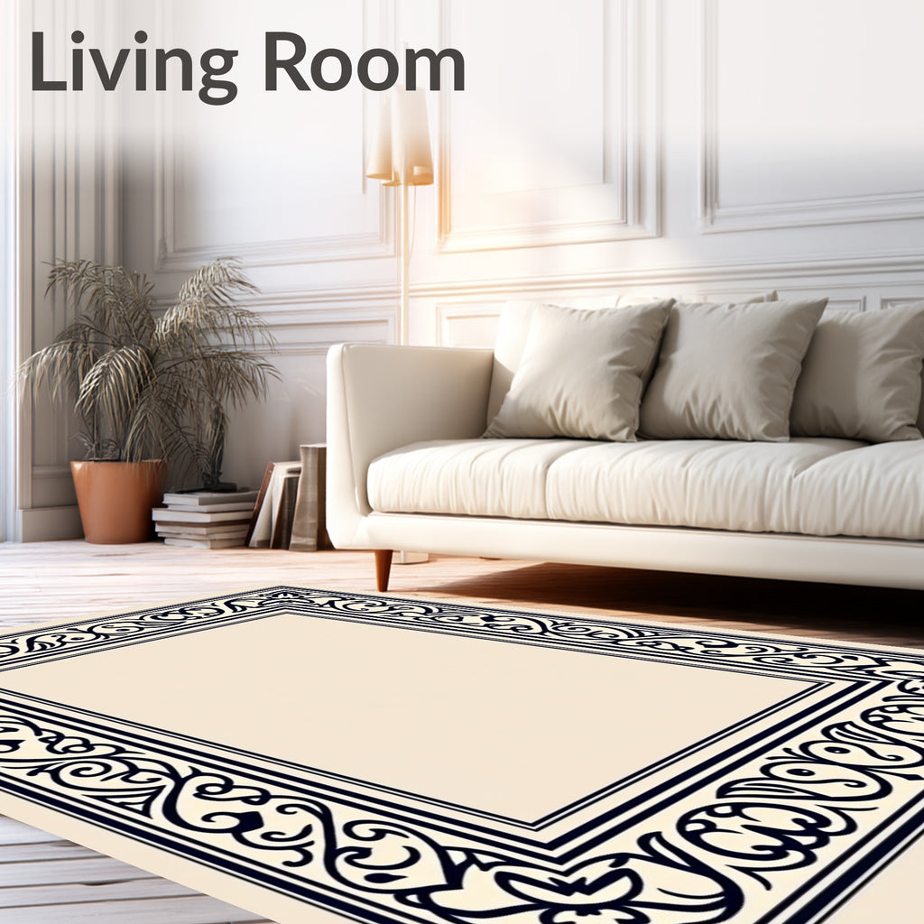 Intricate Navy Scrollwork Square Border Rug