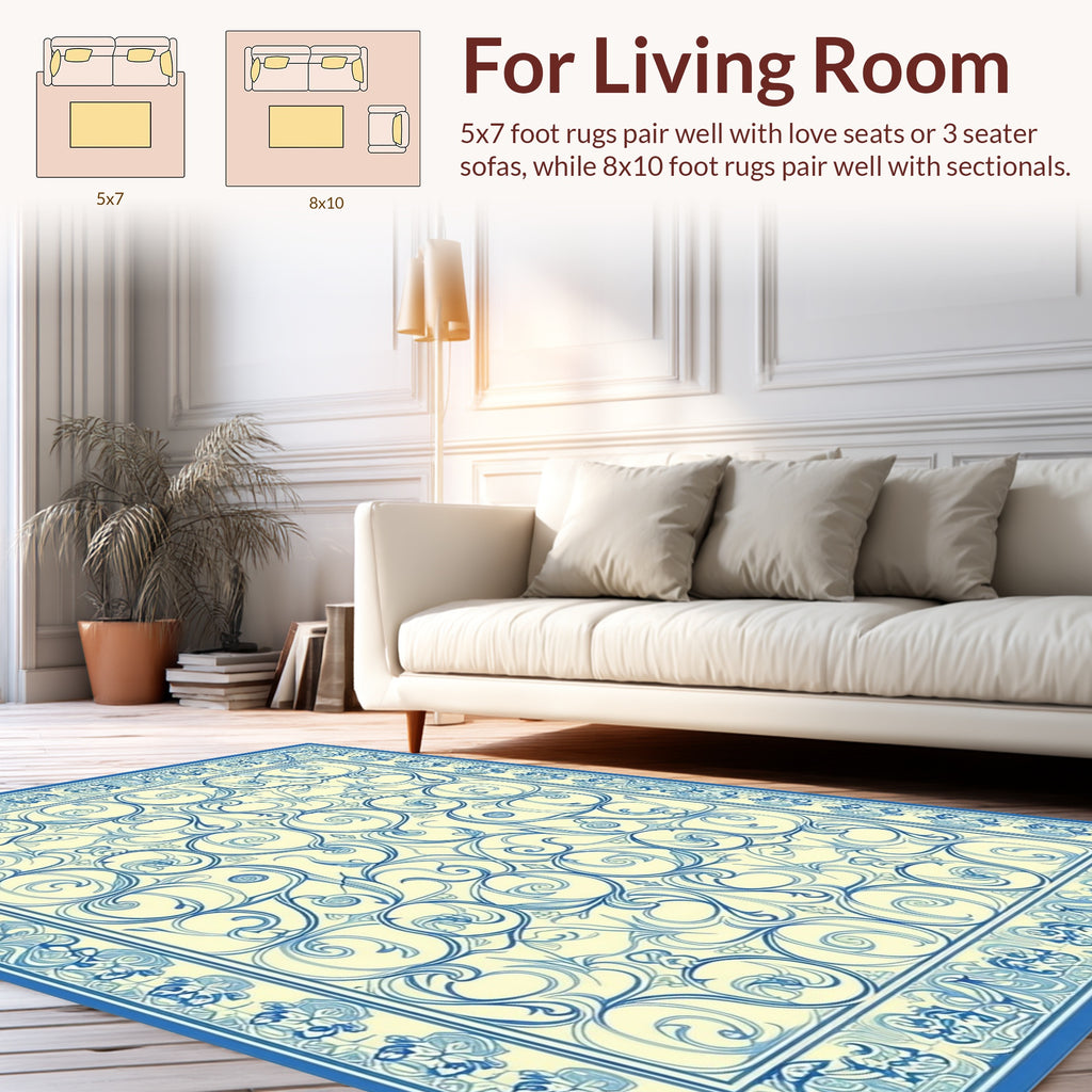 Elegant Blue Swirl Floral Pattern Rug