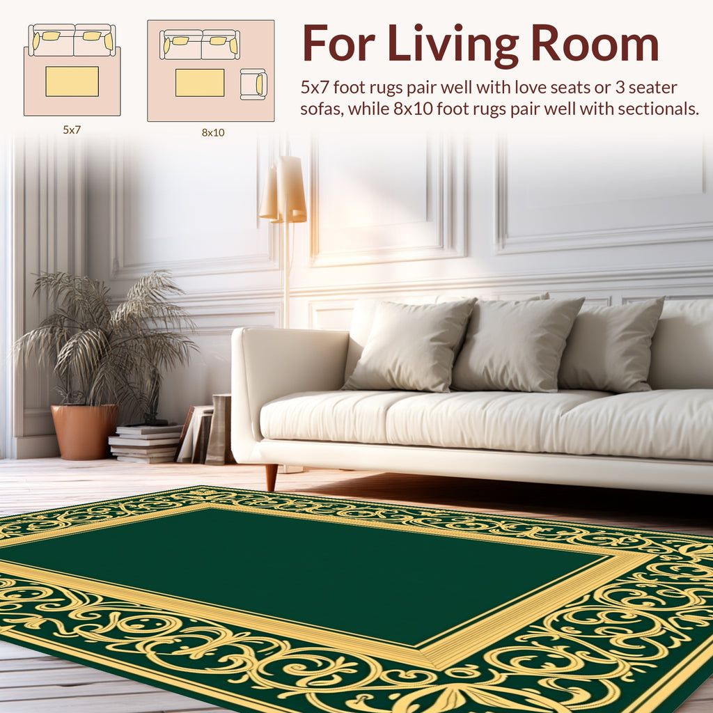 Ornate Gold Swirl Pattern Green Rug