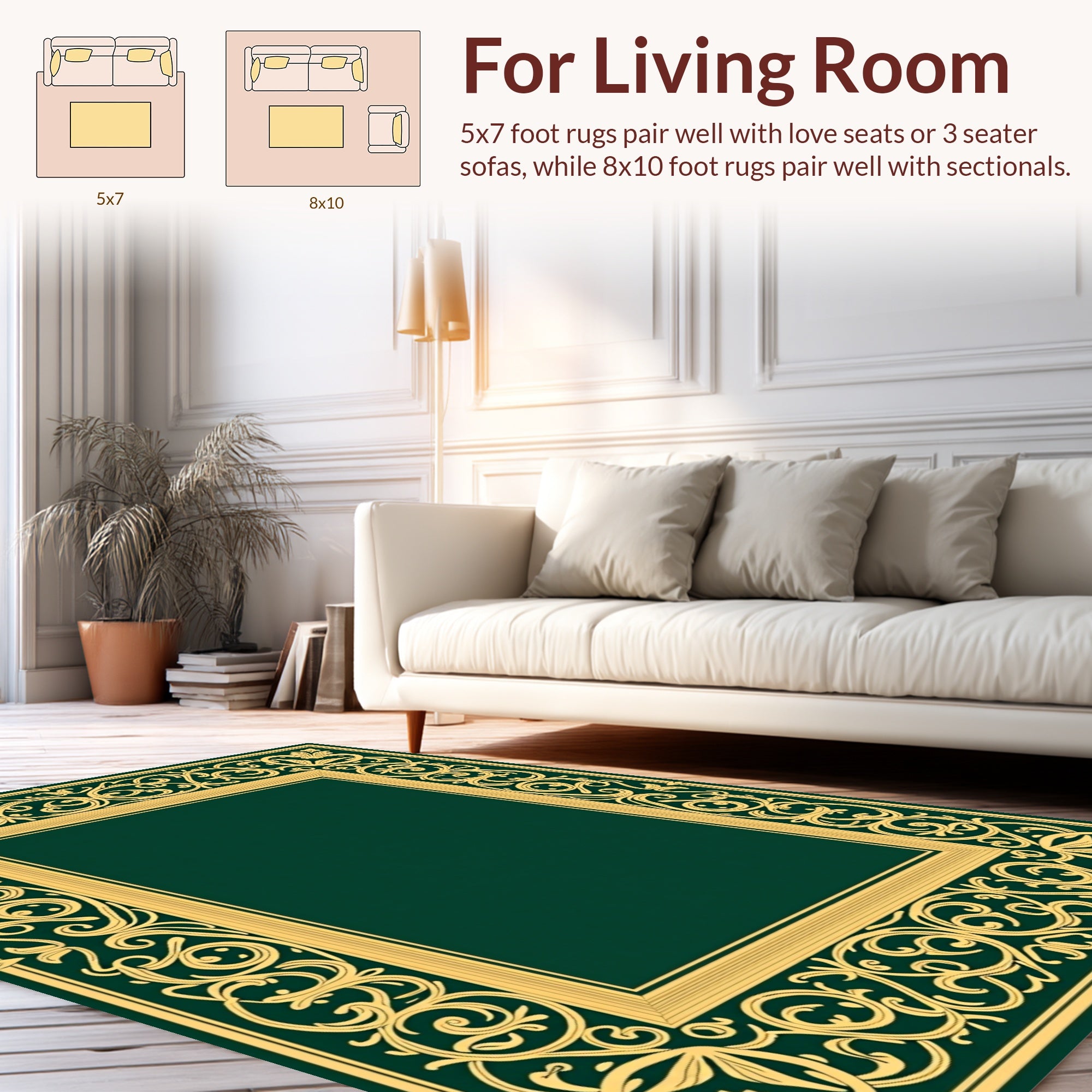 Ornate Gold Swirl Pattern Green Rug