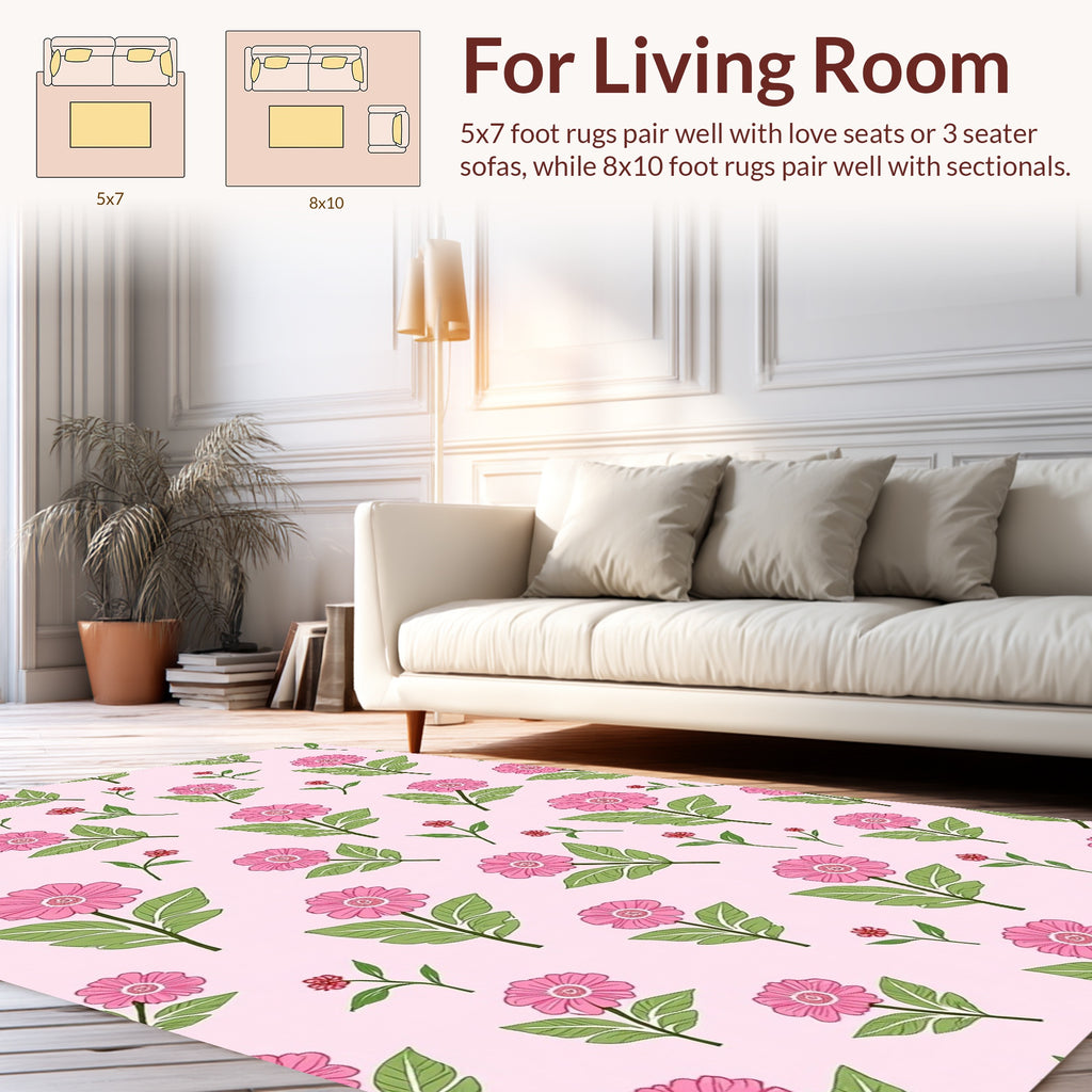 Pink Floral Pattern With Green Leaves Rug