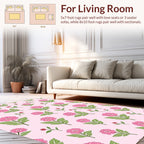 Pink Floral Pattern With Green Leaves Rug