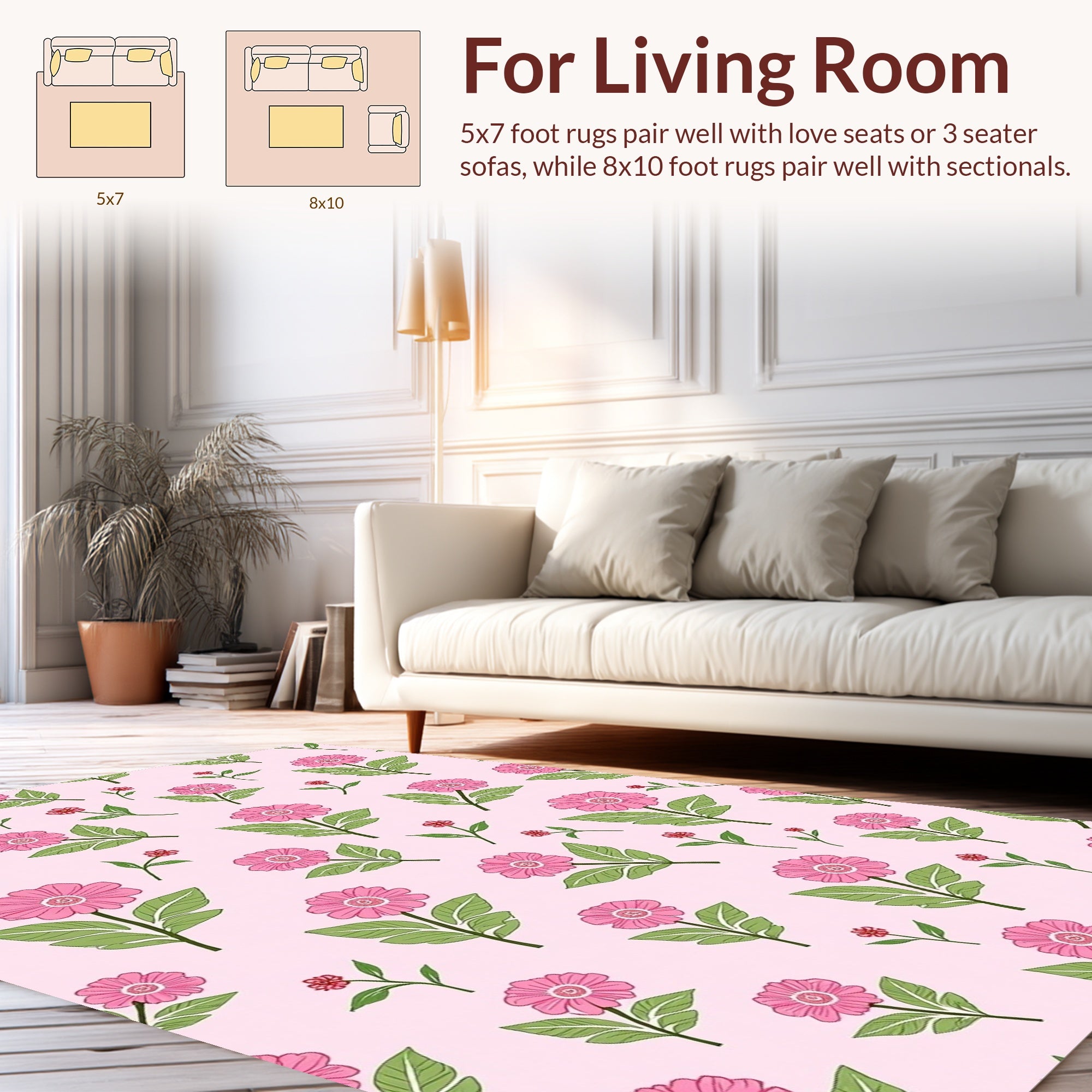 Pink Floral Pattern With Green Leaves Rug