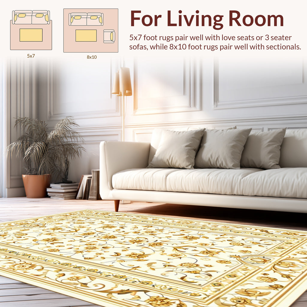 Golden Floral Bordered Rectangular Design Rug