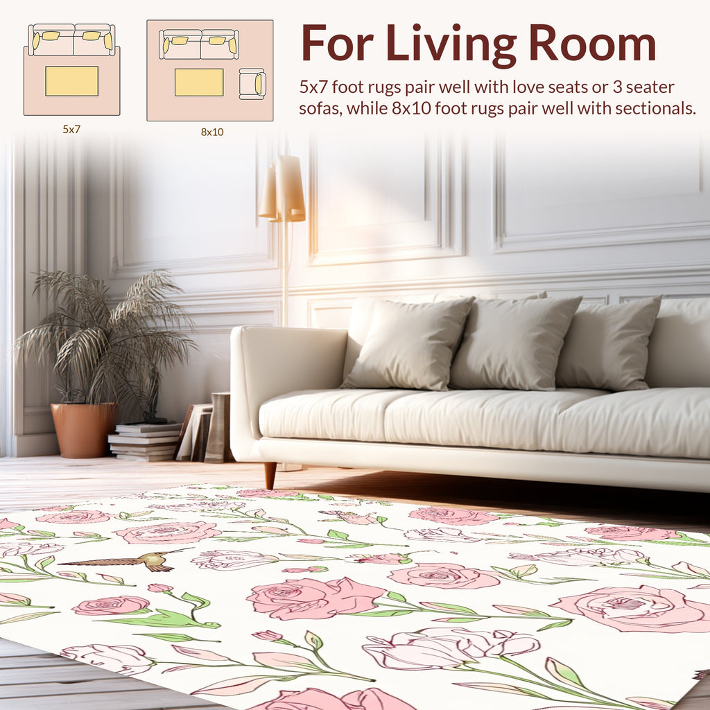 Floral Hummingbird Sketchy Pink Rose Pattern Rug