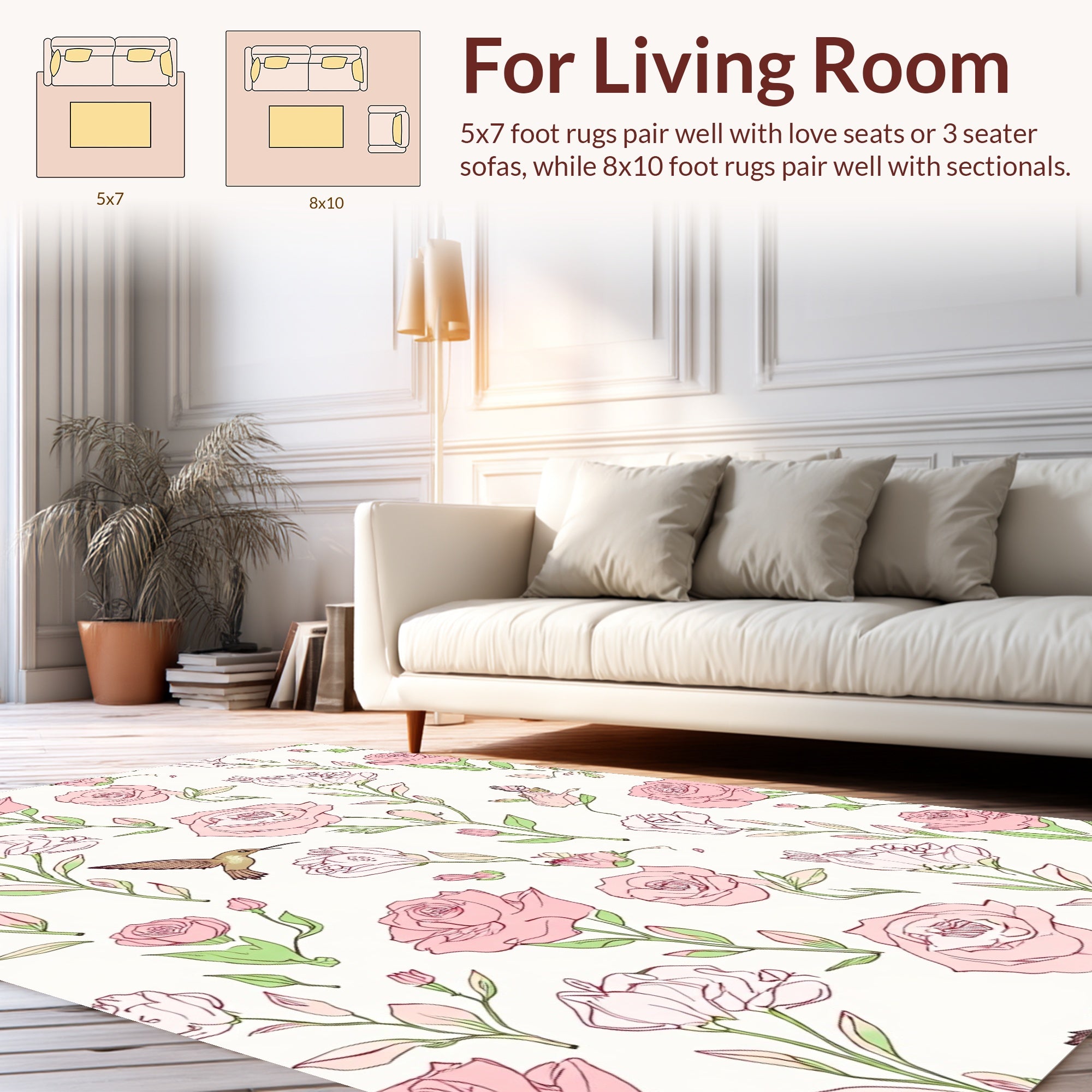 Floral Hummingbird Sketchy Pink Rose Pattern Rug