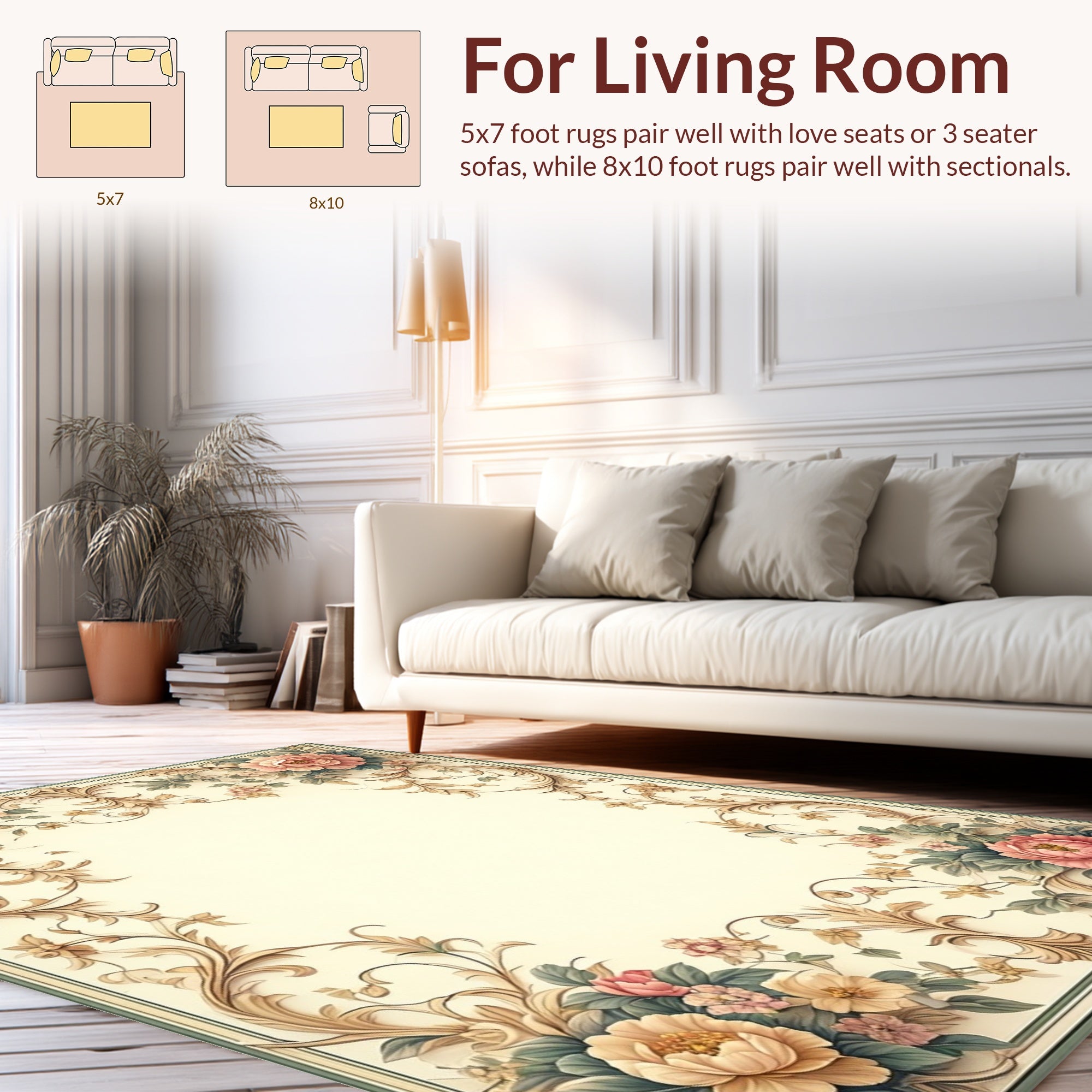 Elegant Floral Swirls Blossoms Border Rug