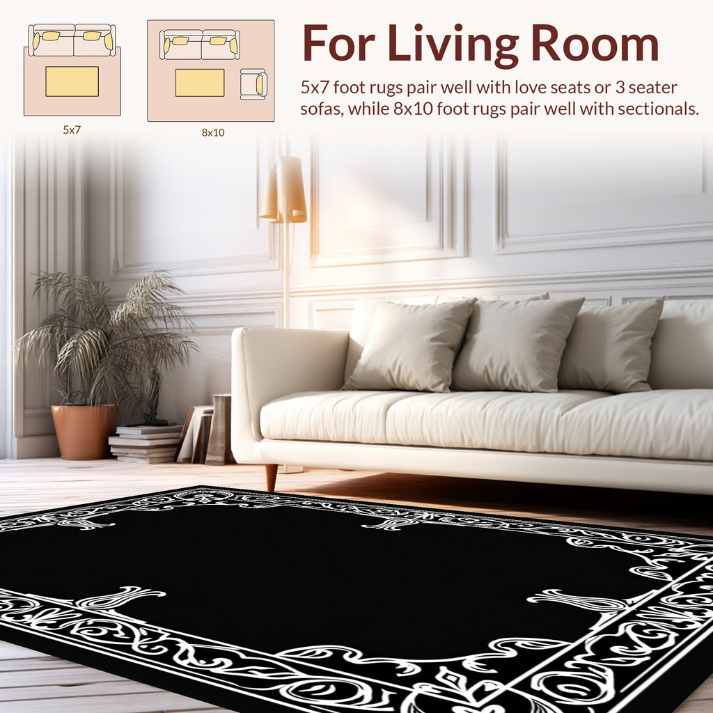 Ornate White Floral Scrollwork Border Rug