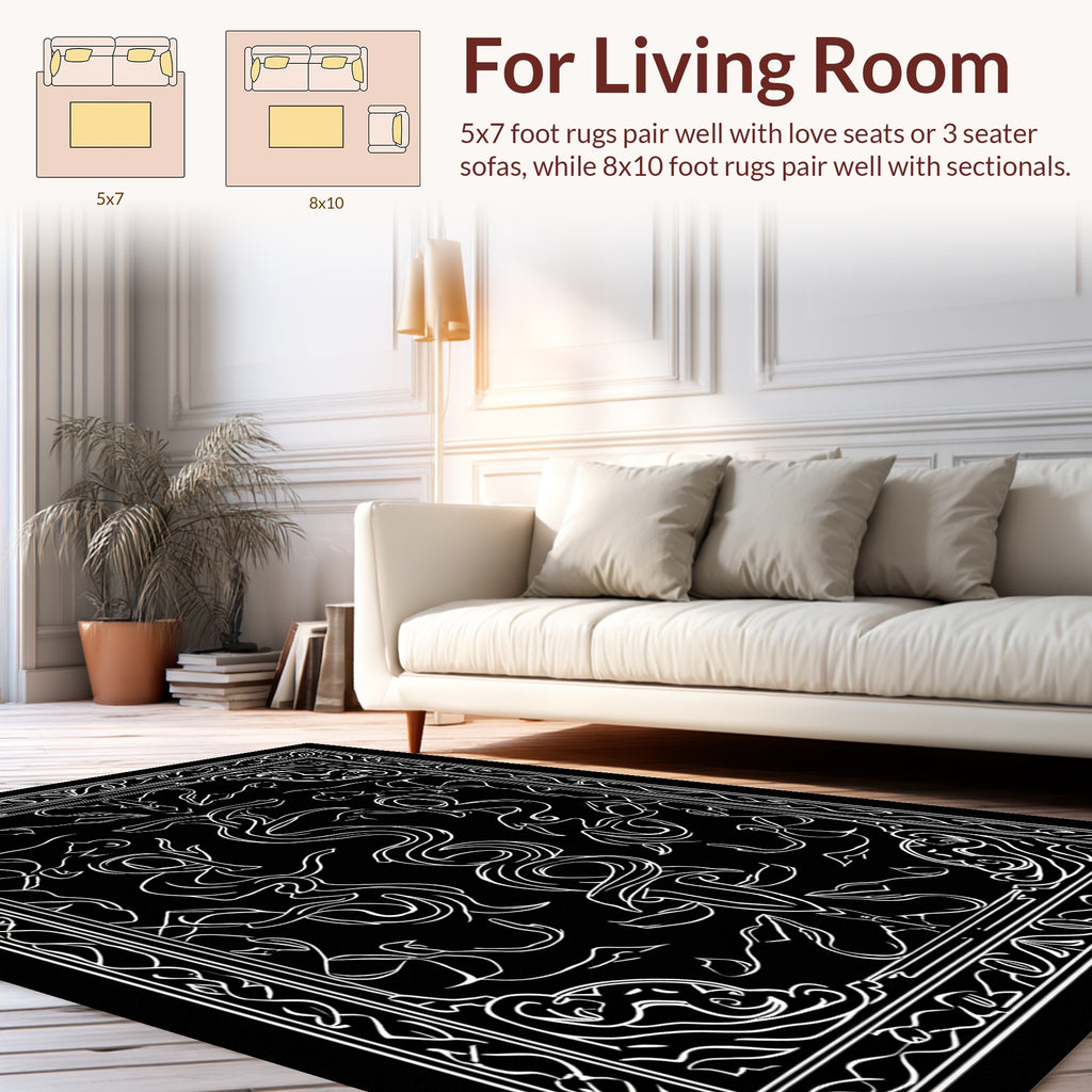 Ornate White Swirls and Serpent Pattern Rug
