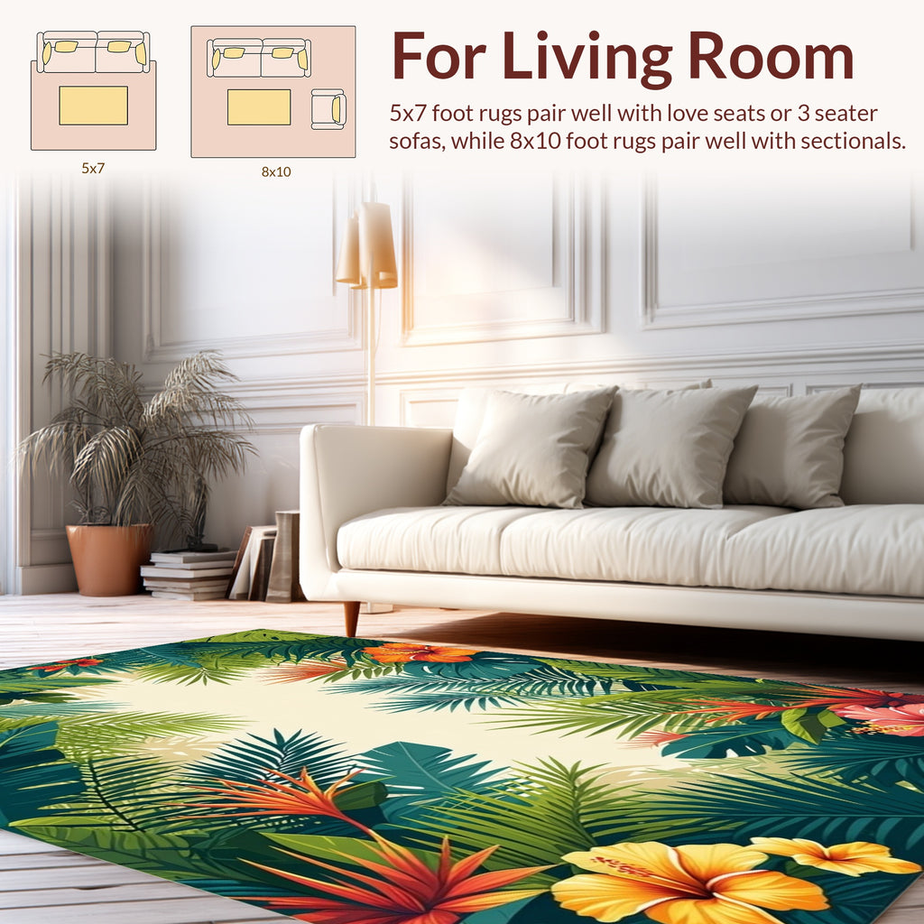 Vibrant Tropical Leaves Hibiscus Floral Rug