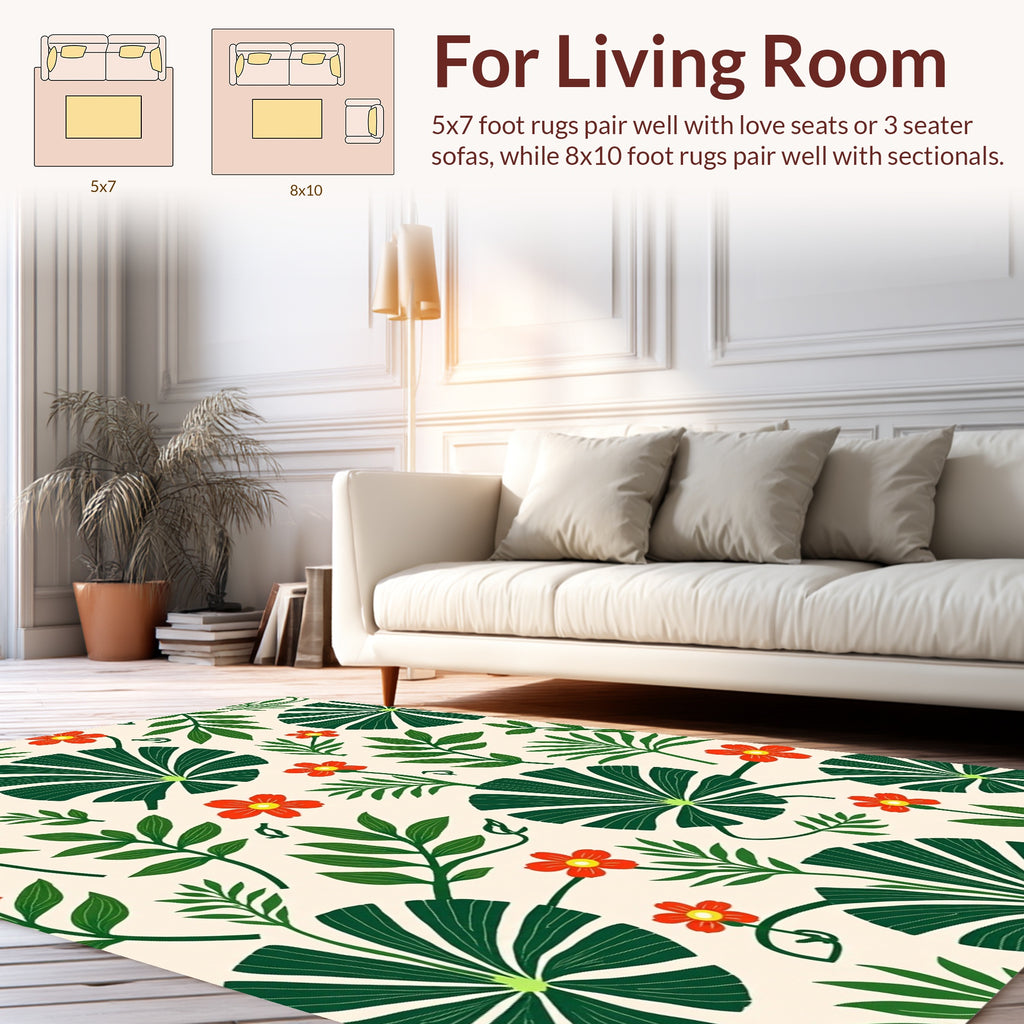 Tropical Green Leaf Red Flower Rug
