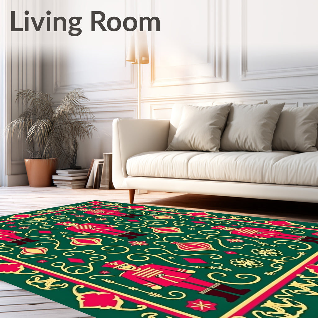 Festive Red Nutcracker Green Ornament Rug