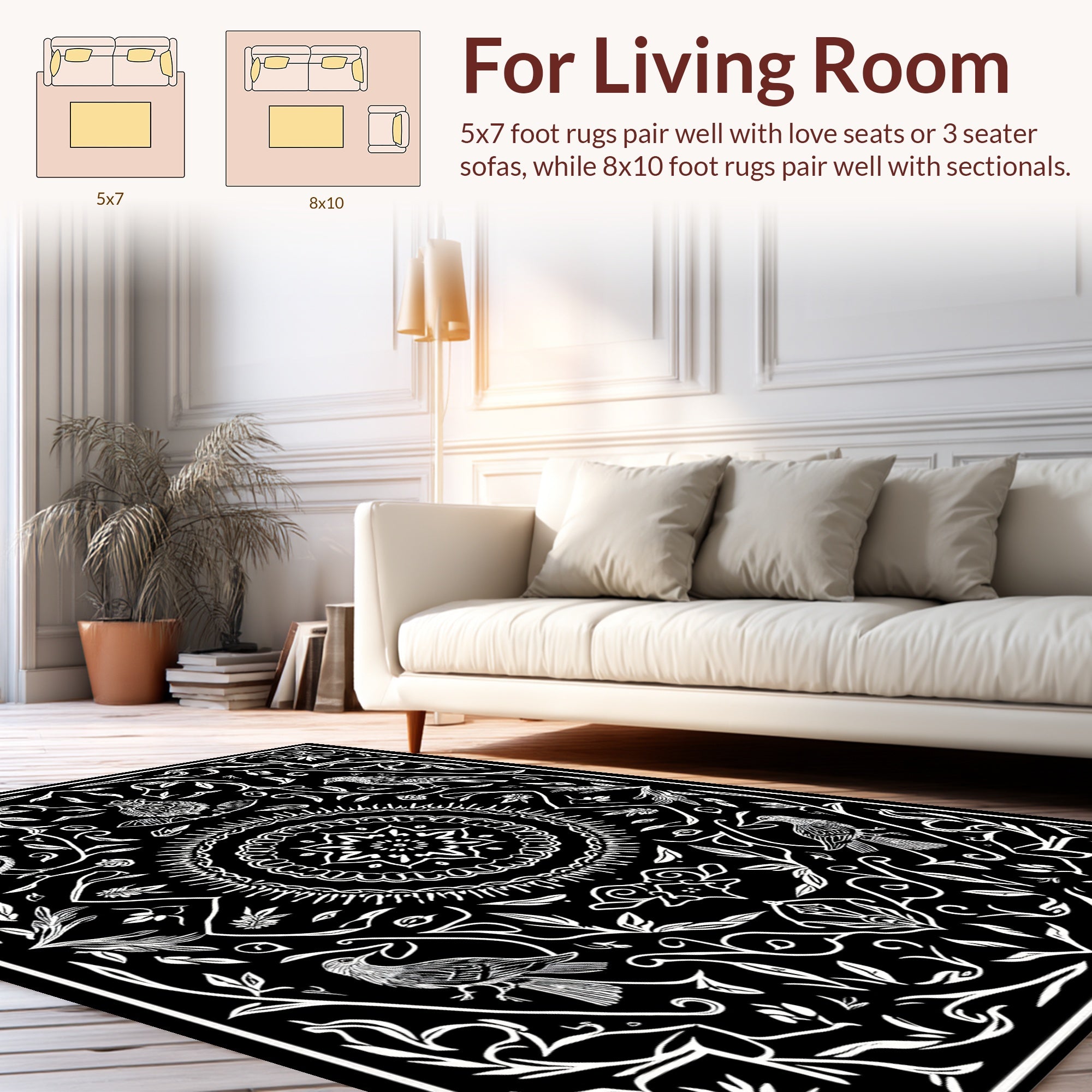 Black White Nature Bird Mandala Pattern Rug