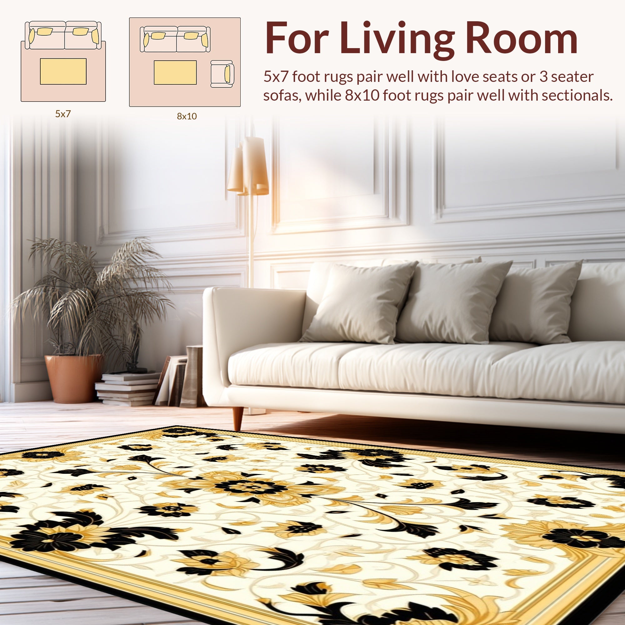 Elaborate Black and Gold Floral Design Rug