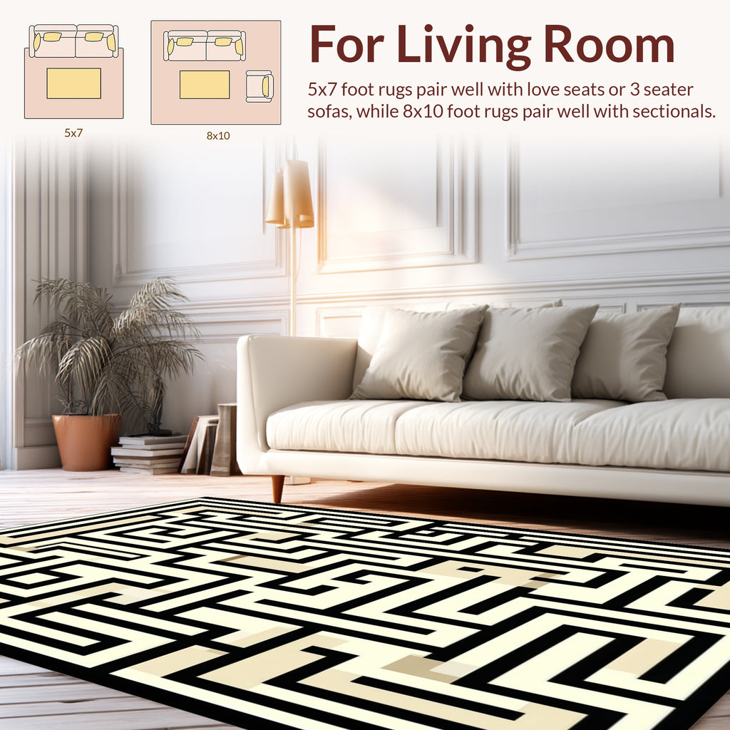 Modern Geometric Black Cream Maze Rug